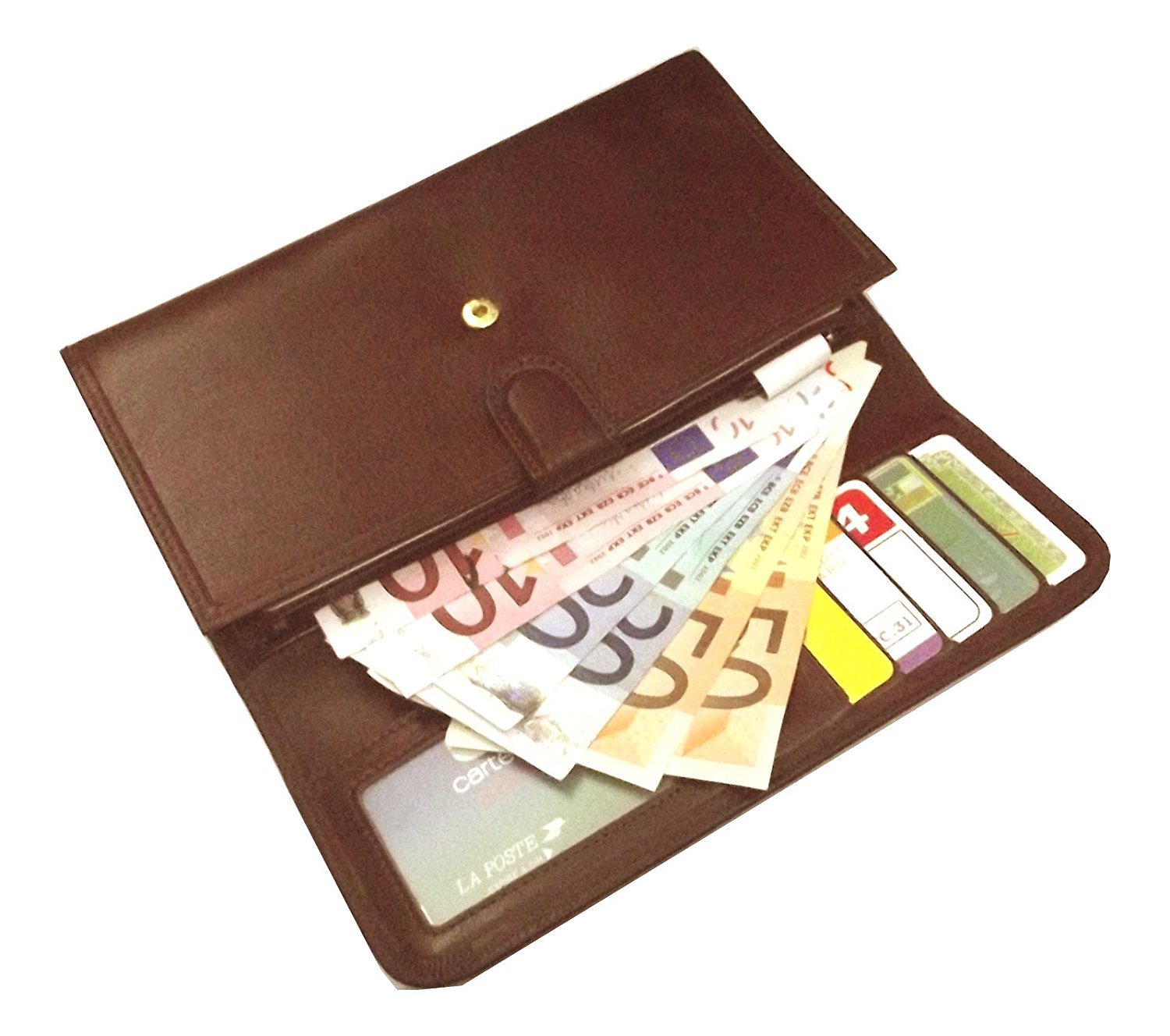 Porte Feuille chéquier Carte Monnaie Homme/Femme Cuir Vachette Marron 20 x 11 cm