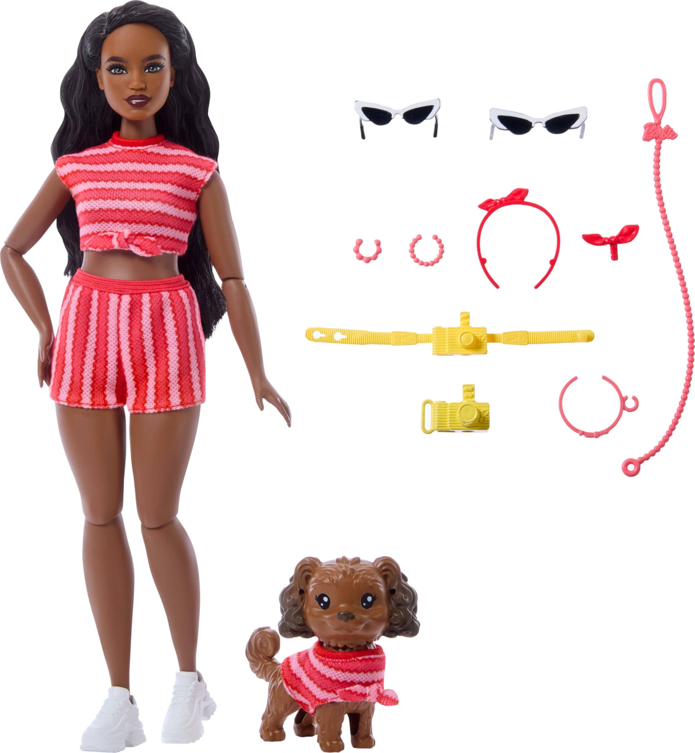 Barbie Twinning Looks Doll with Pet Dog in Matching Red Striped Clothes and Accessories for Both like Sunglasses and Headbands, Wavy Black Hair