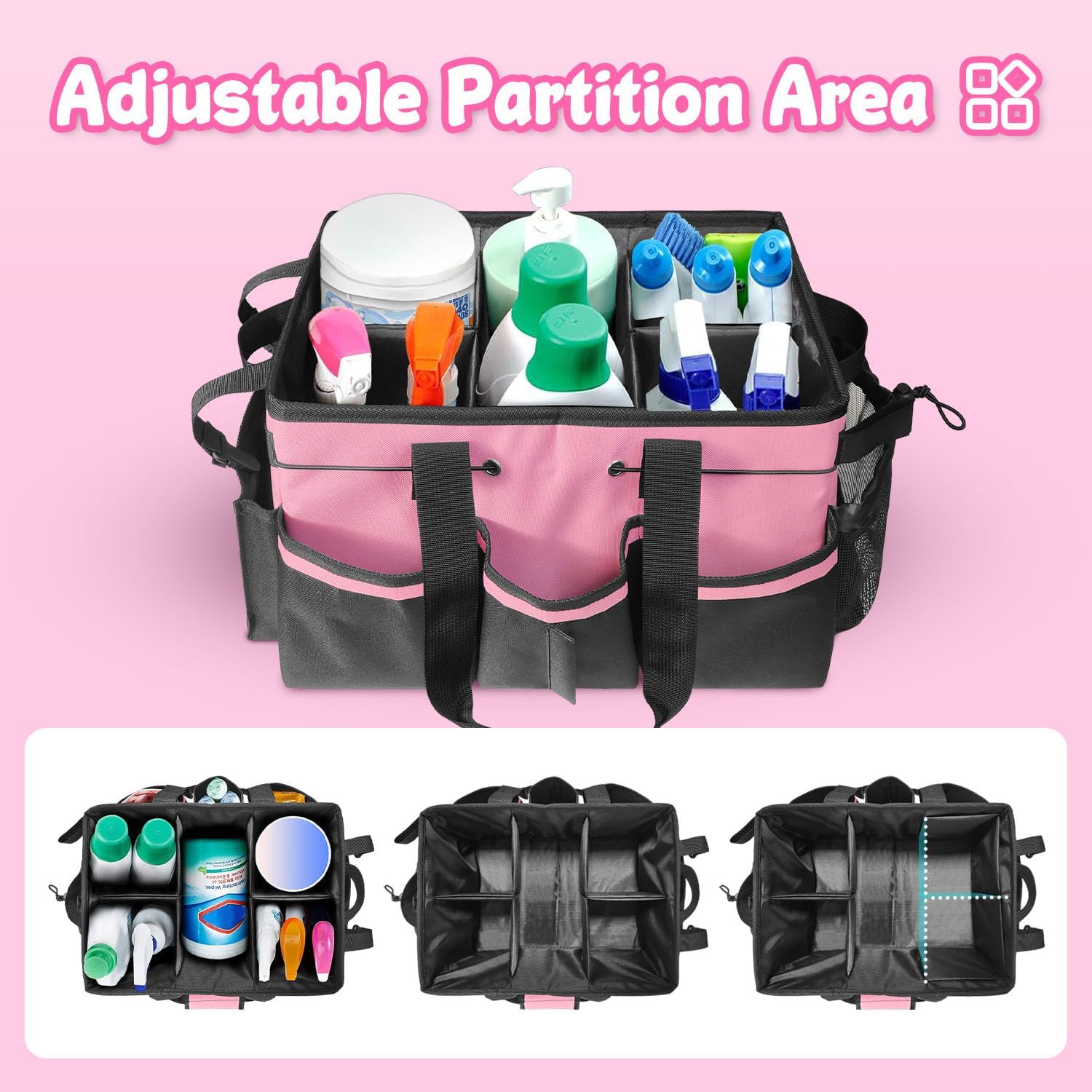 Grekos Large Cleaning Caddy Bags, Cleaning Caddy Suppliers Organizer with 4 Detachable Divider, Supply Caddy With Adjustable Shoulder Strap & Waist Belt For Housekeepers, Home, Car(Pink)
