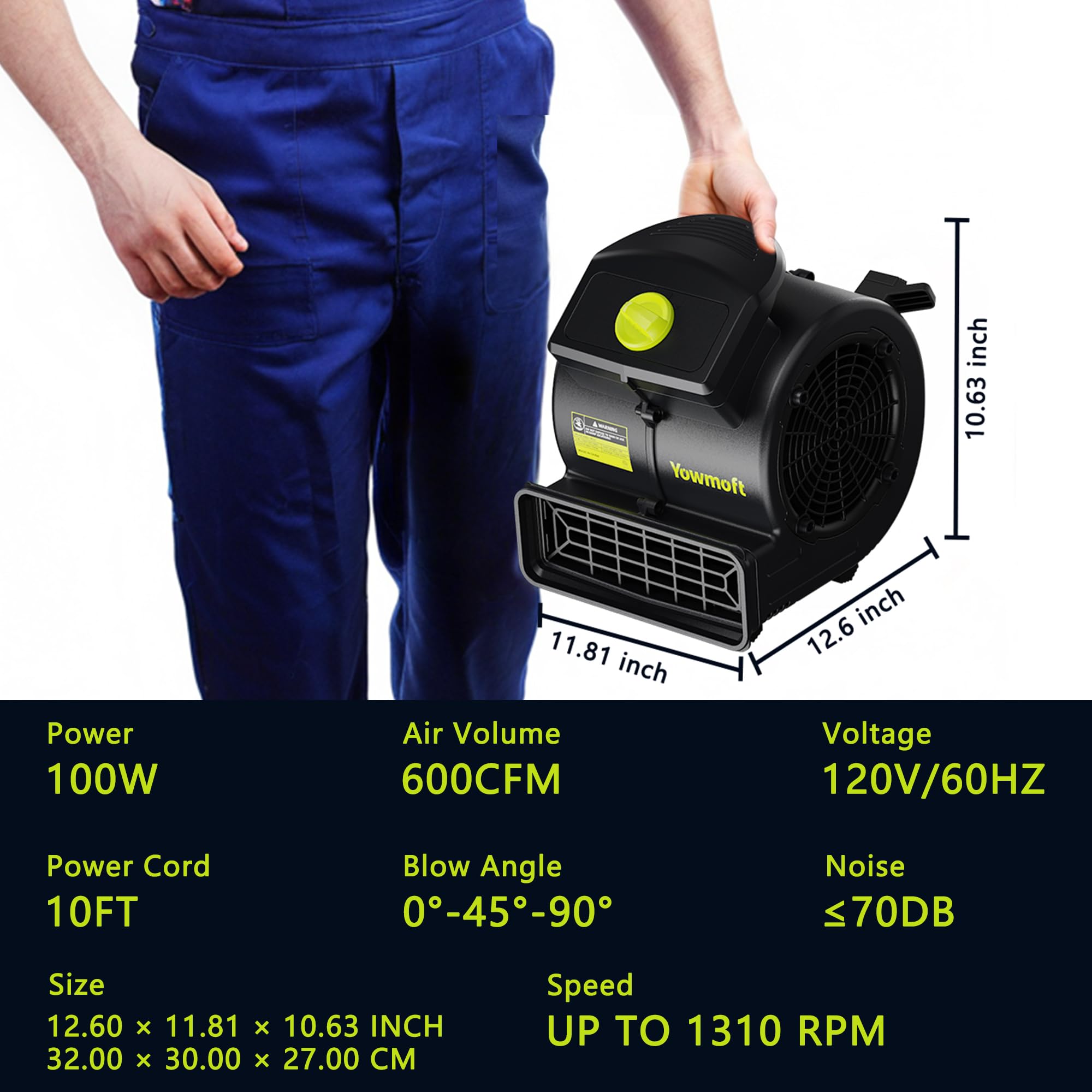 Air Mover, potente secadora de alfombras de 100 W para enfriar, ventilador de secado de piso de 550 CFM con 4 velocidades y 3 posiciones de soplado, soplador de piso para limpieza, fontanería 7