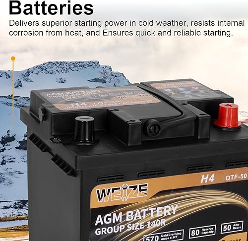 Miniatura 3 de Weize Platinum AGM Batería BCI Group 140R, 12V 50ah Tamaño 140R H4 Batería automotriz, 80RC, 570CCA, 36 meses de garantía