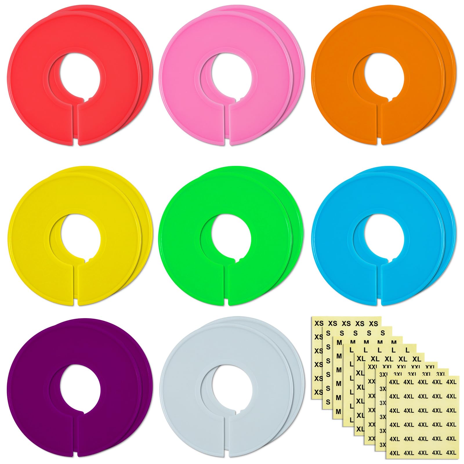 16 Pack Closet Dividers for Clothes Round Colorful Plastic Size Closet Rack Dividers Hangers, 8 Sizes of Clothing Stickers Clear Digital Labels 240 Total