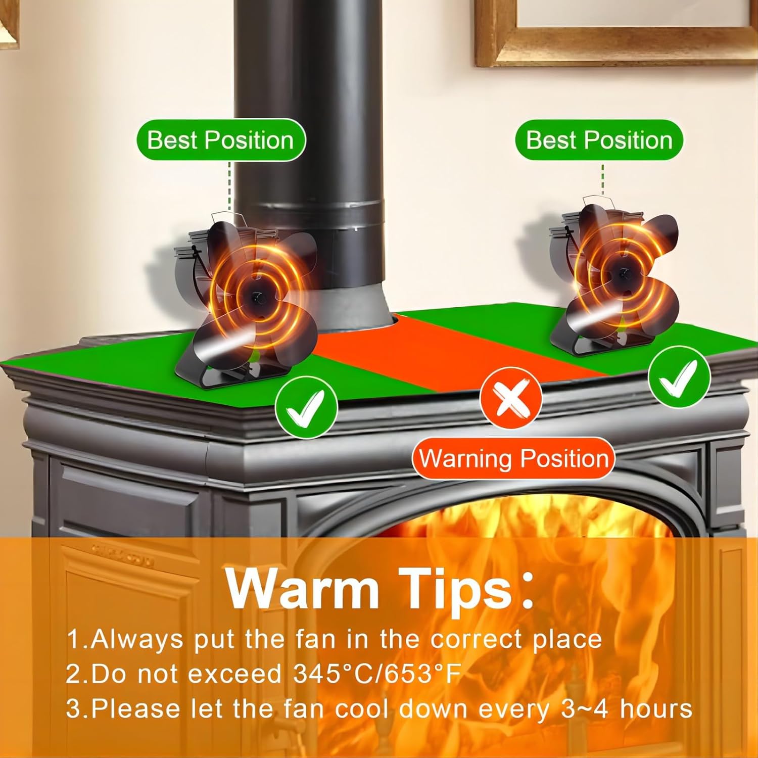 VODA Heat Powered Wood Stove Fan 4-Blade for Wood/Log Burner/Fireplace