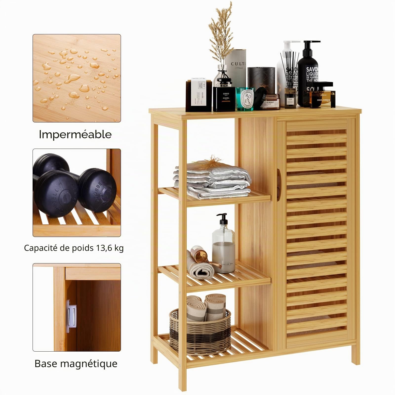 SDHYL Meuble de Rangement Salon Placard de Cuisine Bas avec Étagères Ouvertes et Porte à Persienne, Commode Armoire de Rangement en Bambou pour Salle de Bain