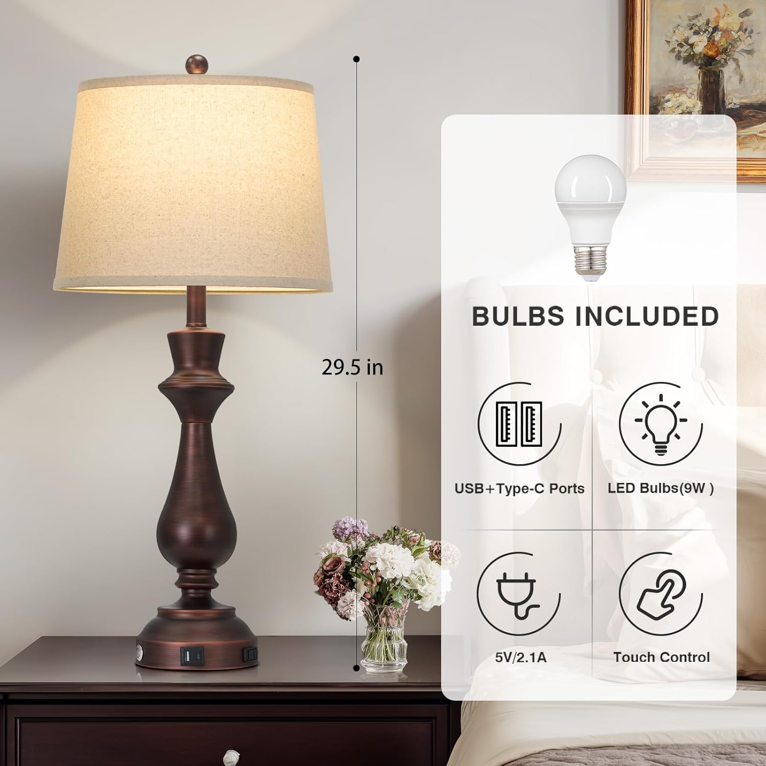 Touch Lamps for Night Stand- 29.5" Tall Bedside Lamp with USB C+A, 3 Way Dimmable Bedroom Lamps, Vintage Brown Table Lamps for Living Room,Single Brown