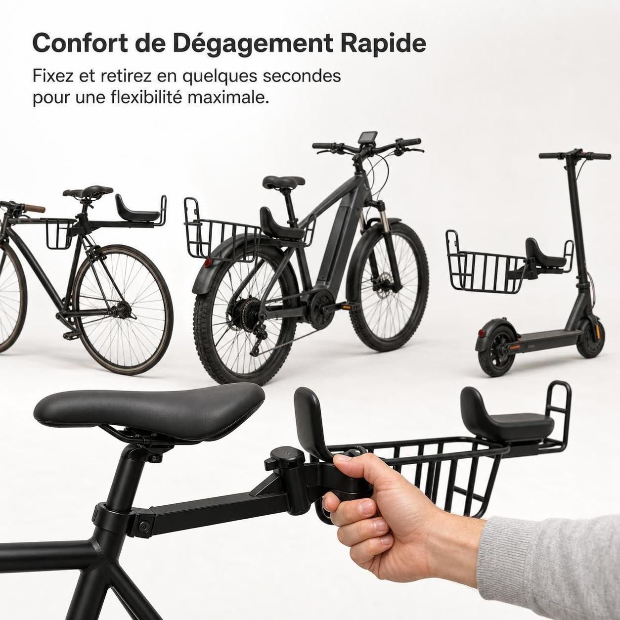 Cestino Bici in Metallo con Seggiolino Integrato, Sgancio Rapido per Bicicletta e Monopattino Elettrico, Accessorio Bici