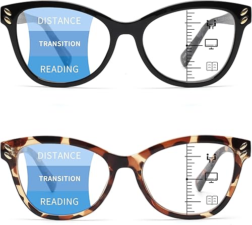 JM Paquete de 2 lentes de lectura progresivos multienfoque para mujeres, lectores de bloqueo de luz azul ojo de gato, negro y tortuga