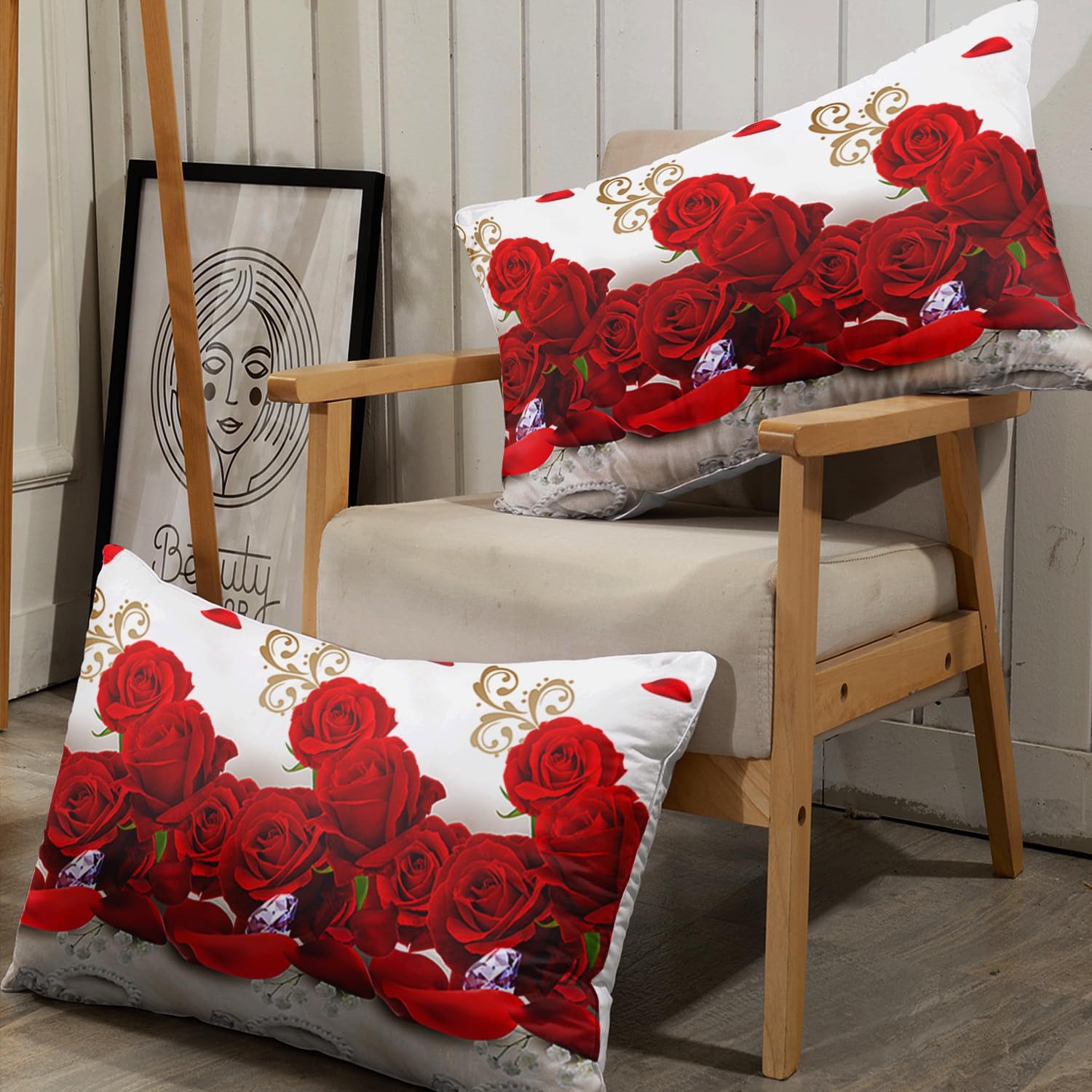 AILONEN Rose Fitted Sheet Set - Full Size, 3D Rose & Floral Red Sheet Set - 3 Pieces (1 Fitted Sheet & 2 Pillowcases)