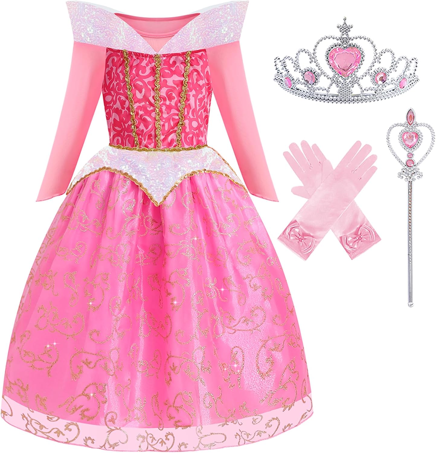 Aolliya Pink Princess Dress for Girls Sparkling Princess Costumes Dress up | Girls Fancy Halloween Dress Up with Accessories, for Cosplay Carnival Party, 3-10 Years