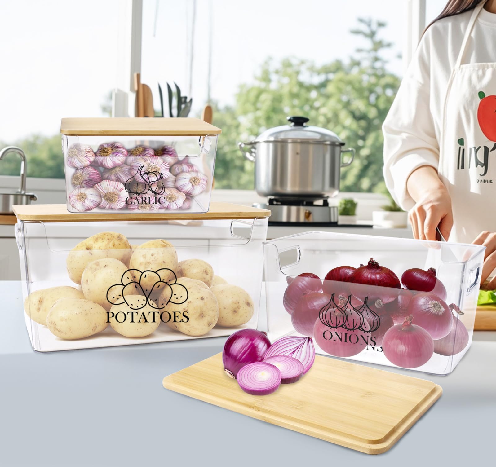 Cajas Patatas Cebollas 3 Piezas Acrílico, Tapa Madera Apilables