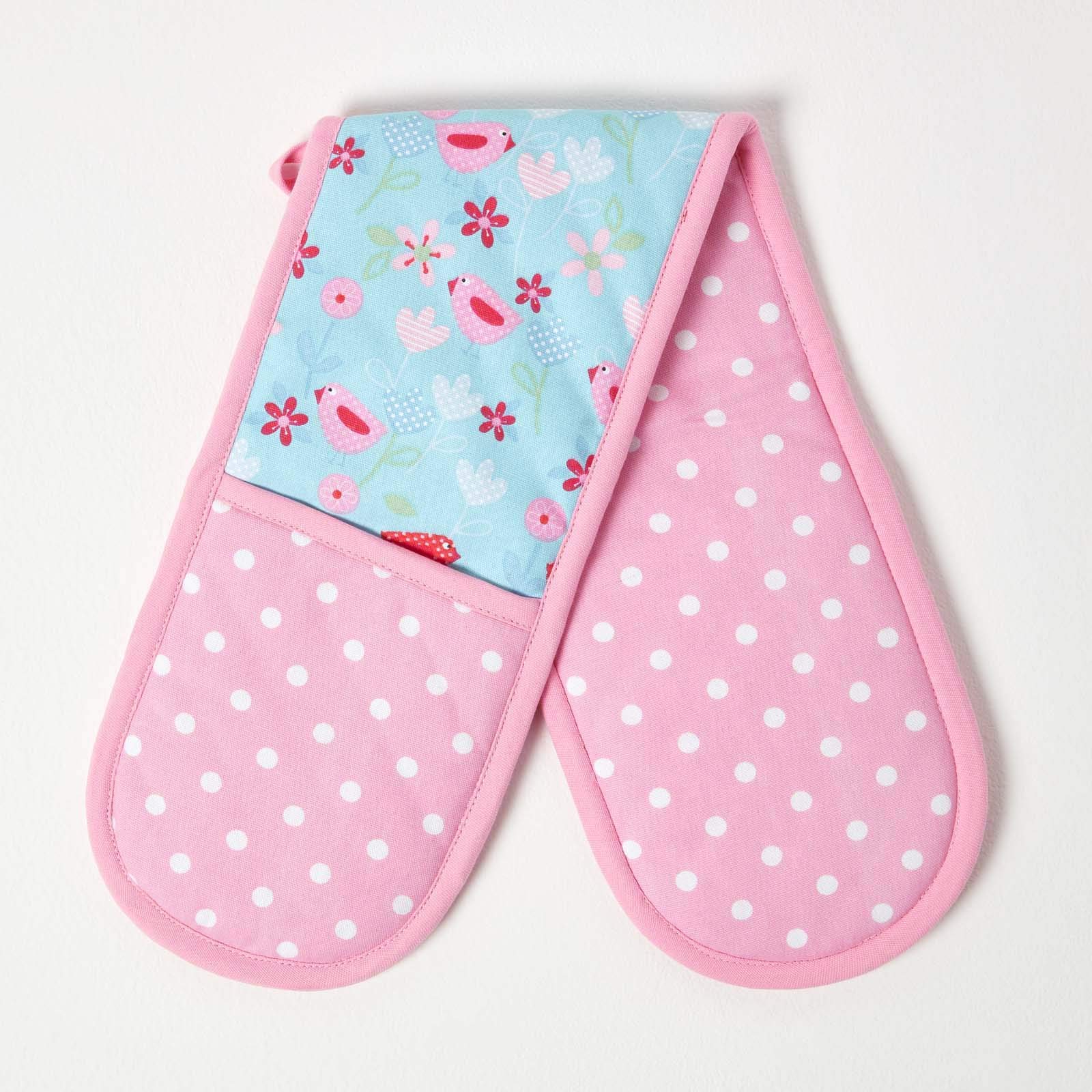 Homescapes Birds And Flowers Cotton Double Oven Glove Pink
