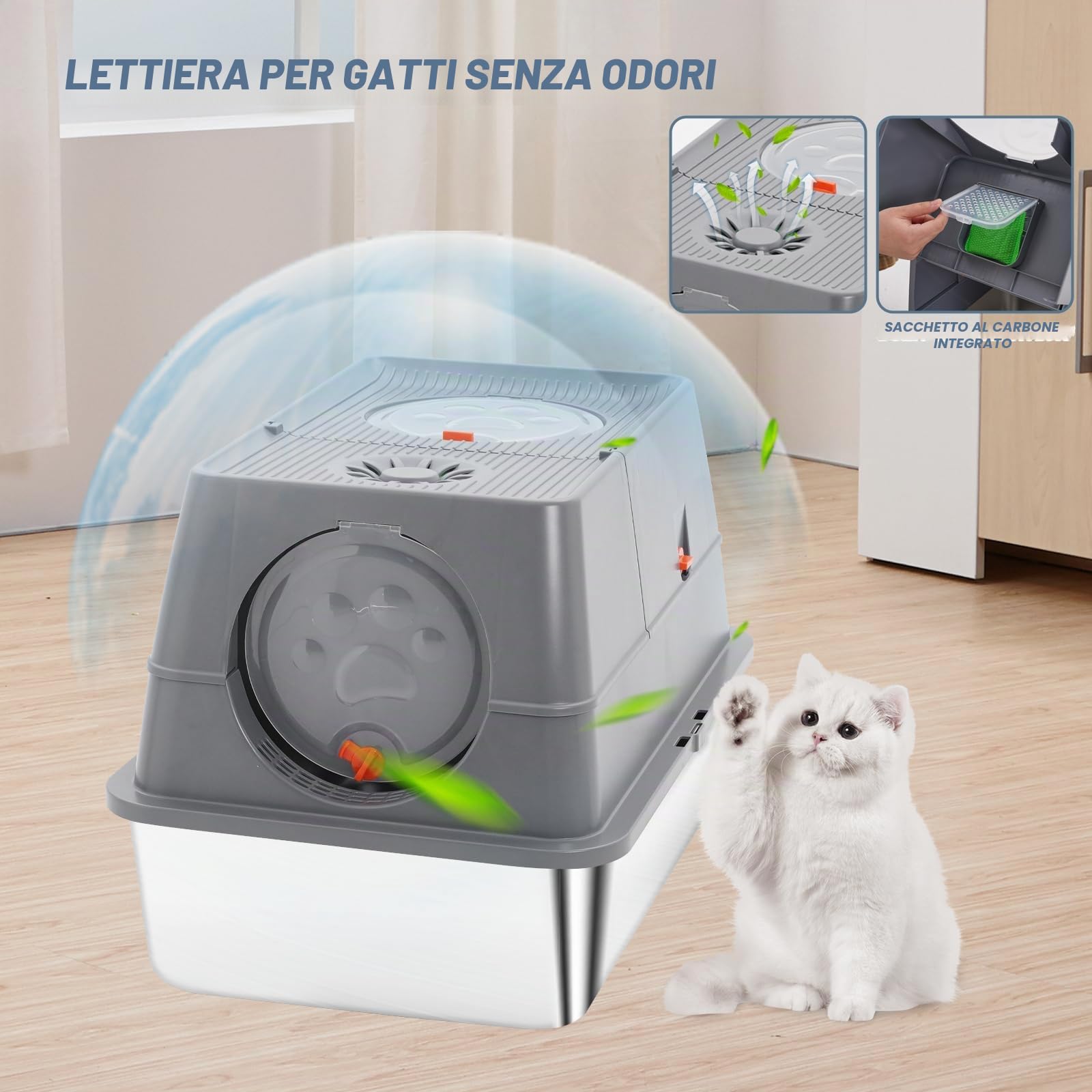Lettiera Gatto Chiusa in Acciaio Inox XXL, Toilette Per Gatti, Vassoio con Paletta e Tappetino, Antiaderente, Bordo Alto, Per Gatti Grandi e Adulti, Facile da Pulire 60x40x40cm Grigio