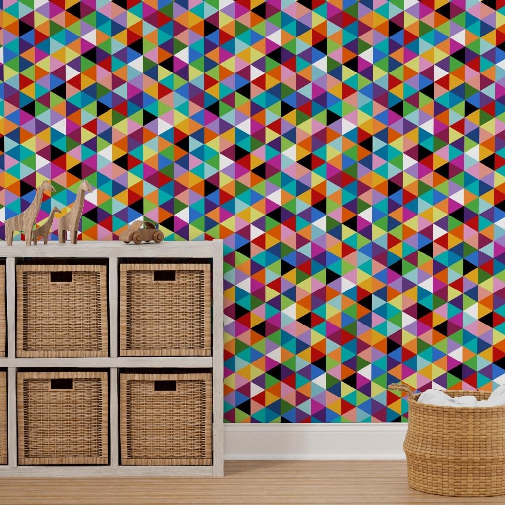 Peel & Stick Wallpaper 3ft x 2ft - Colorful Geometric Triangle Cheater Quilt Pattern Happy Multi Color Modern Triangles Pop Art Colors Custom Removable Wallpaper by Spoonflower