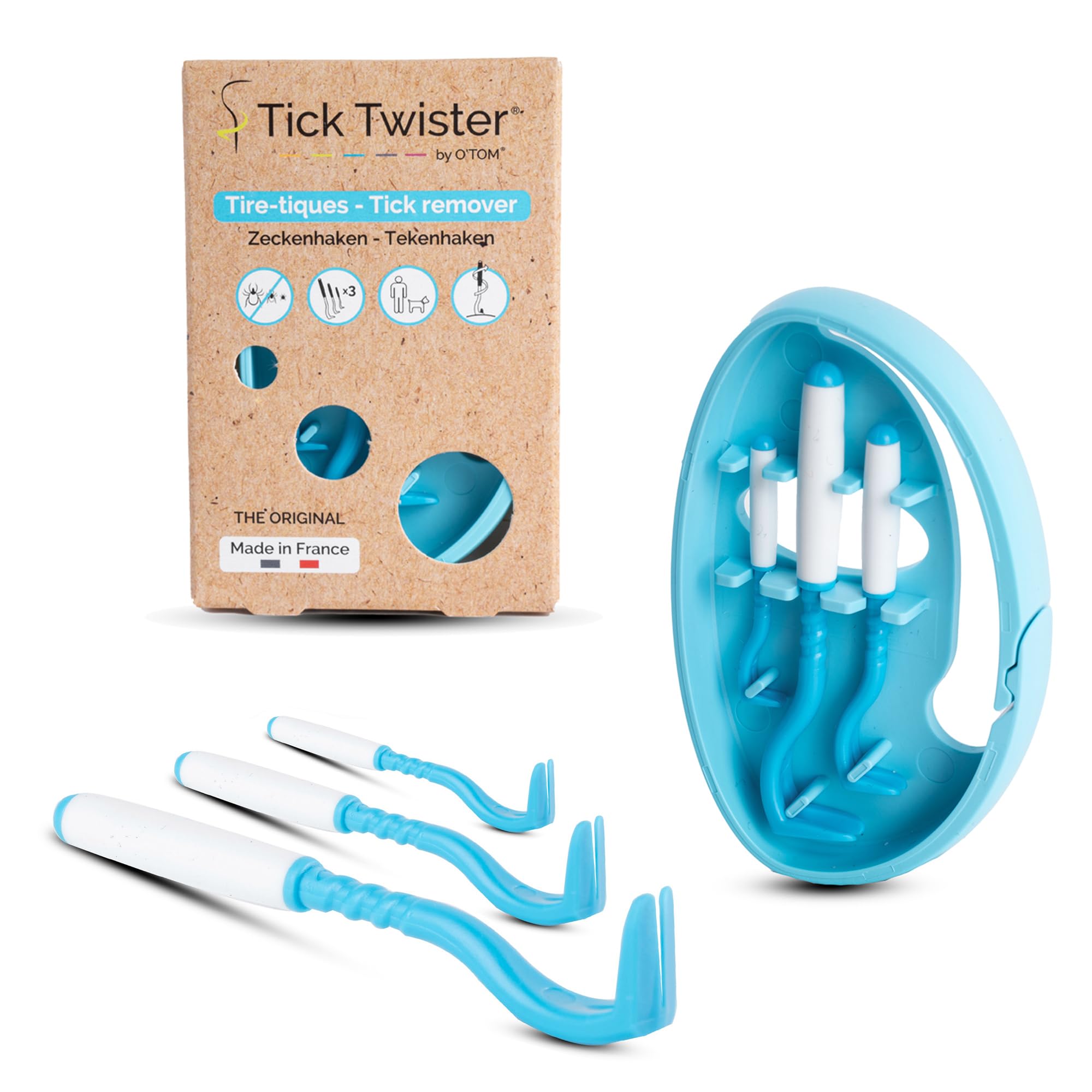 Tick Twister ClipBox Case of 3 Tick Removers for Dogs Cats, Horses and Man - Made in France (BLUE), Lot de 1