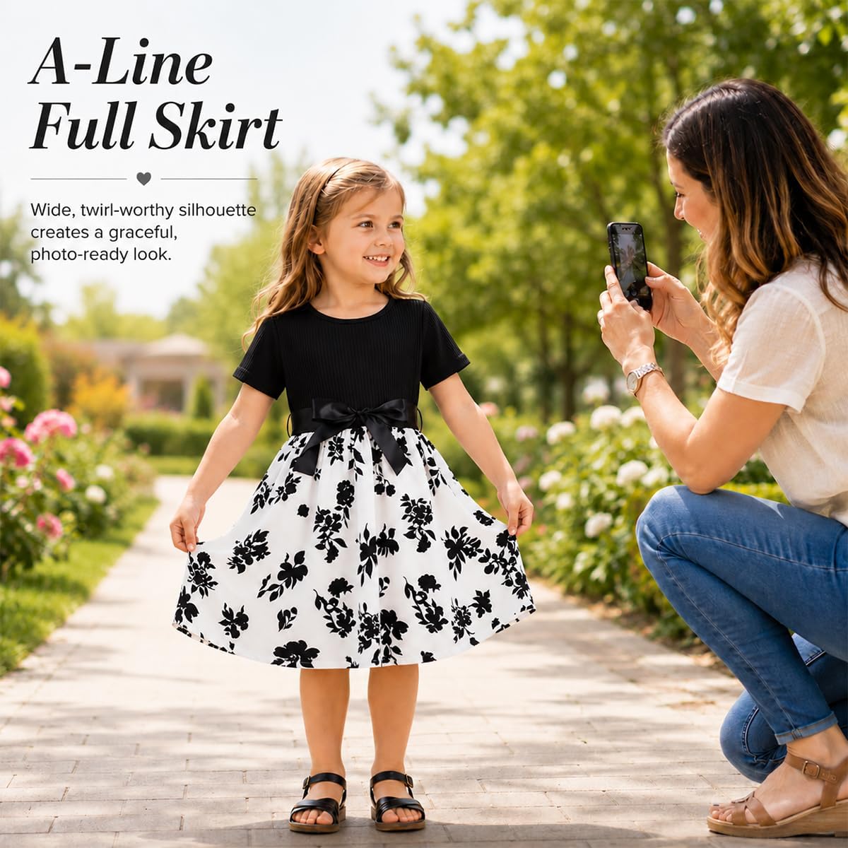 Vitianalie Girls Floral A-Line Dress, Short Sleeve Twirl Dress with Bow Waist, Kids Casual Summer Dress 4-8Y