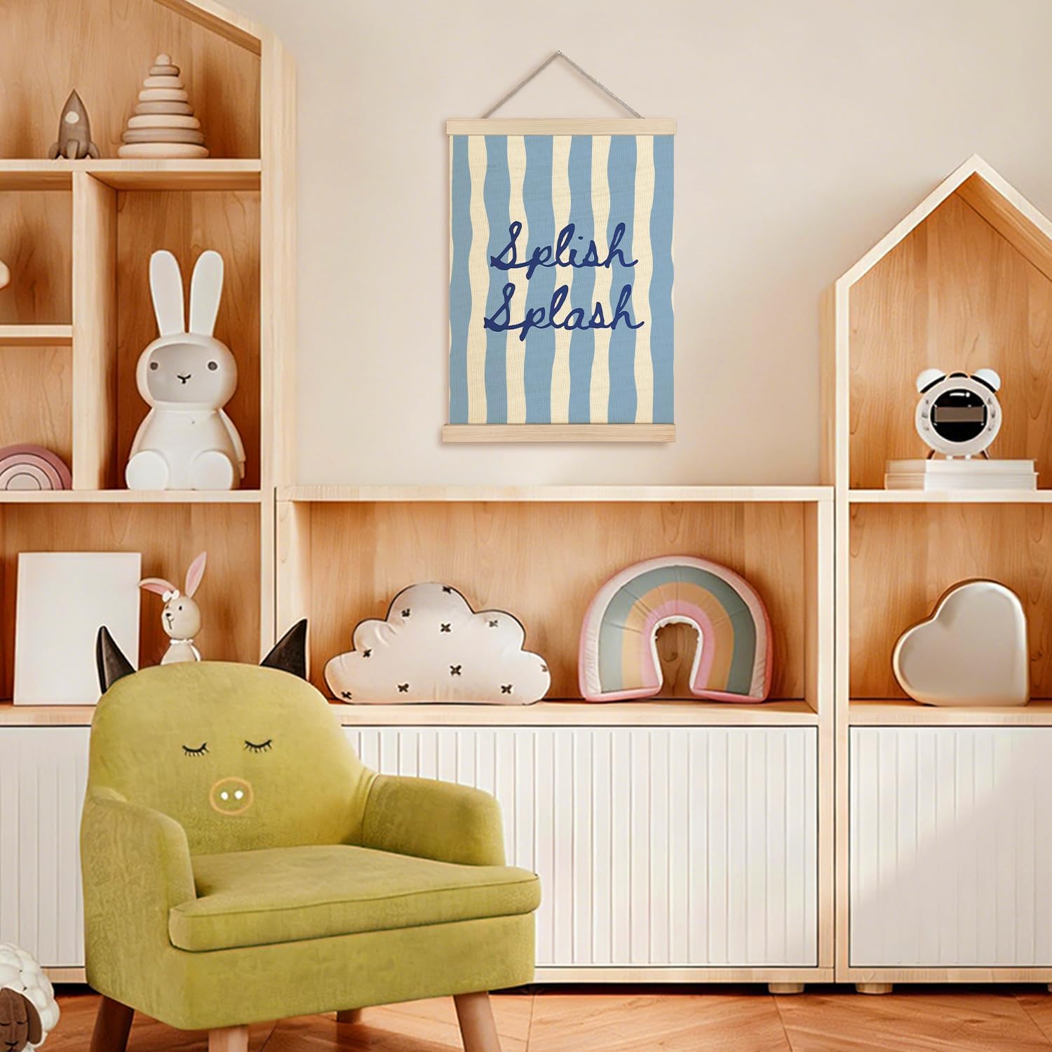 FWSFD Trendy Blue Kids Bathroom Wall Art Decor Poster, Cute Splish Splash Blue Striped Hanging Wall Decor Canvas Prints Artwork for Boys Kids Bathroom Washroom Restroom, 12x16 Inches
