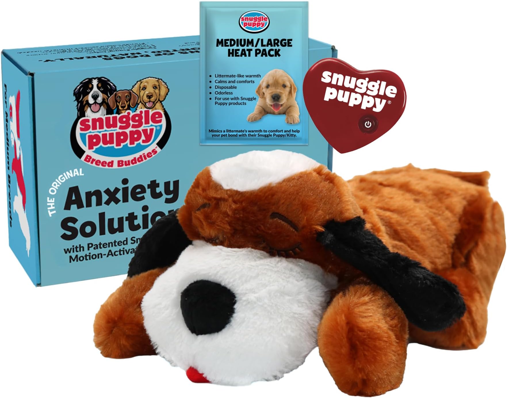 Snuggle Puppy Original Heartbeat Stuffed Toy for Dogs. Pet Anxiety Relief and Calming Aid, Comfort Toy for Behavioral Training in Brown and White