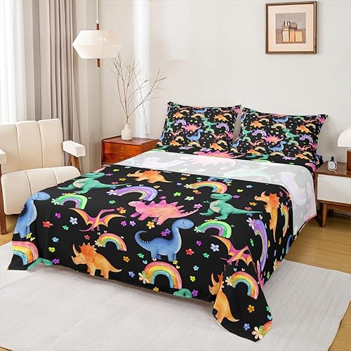 Erosebridal Juego de sábanas y fundas de almohada de dinosaurios kawaii para niñas, diseño de arcoíris y flores coloridas, juego de sábanas de