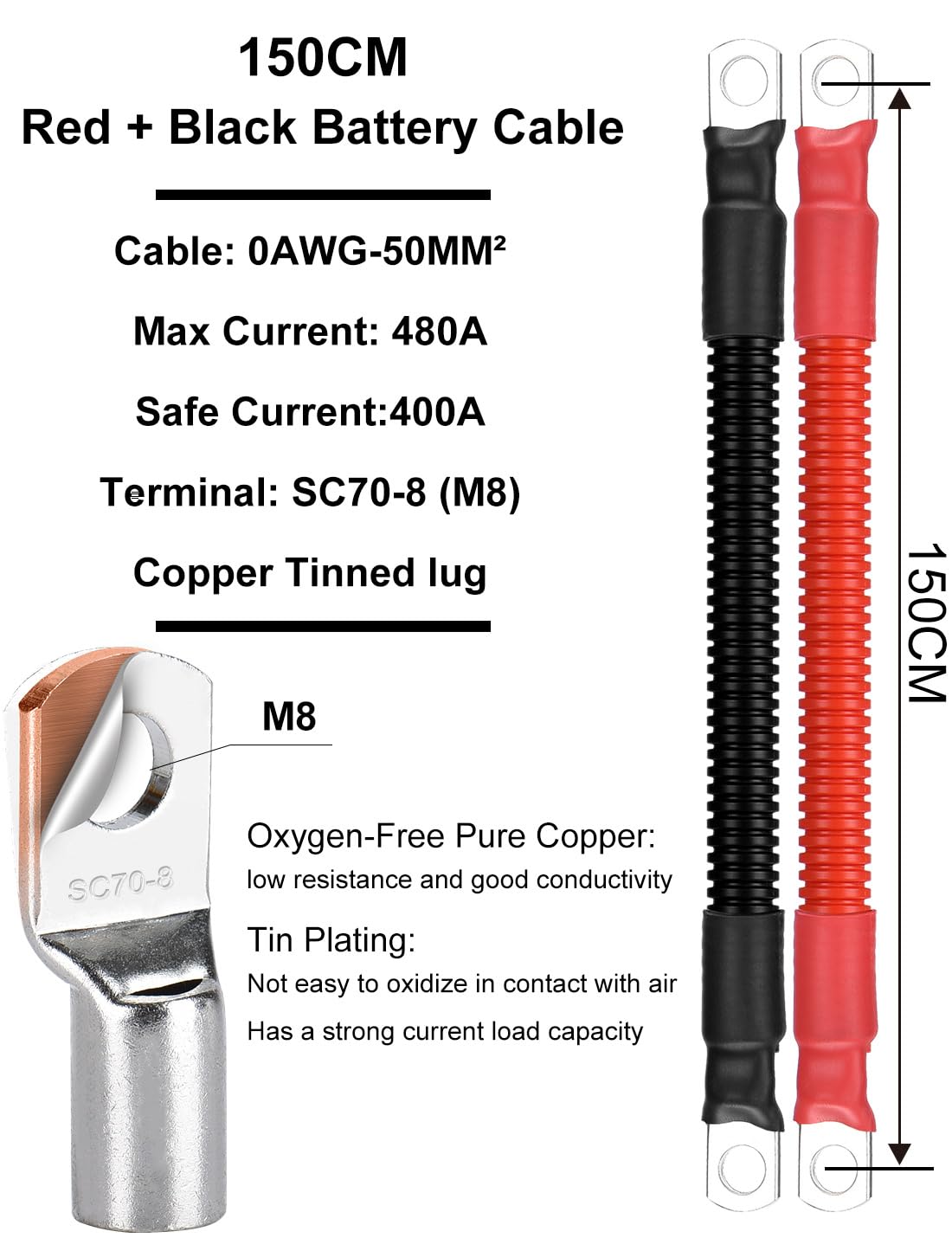 DIHOOL Cavo batteria 50mm2 m8 150cm 0 AWG Cavo in silicone Tubo ondulato Tubo di cavo Morbido e flessibile Resistente al calore
