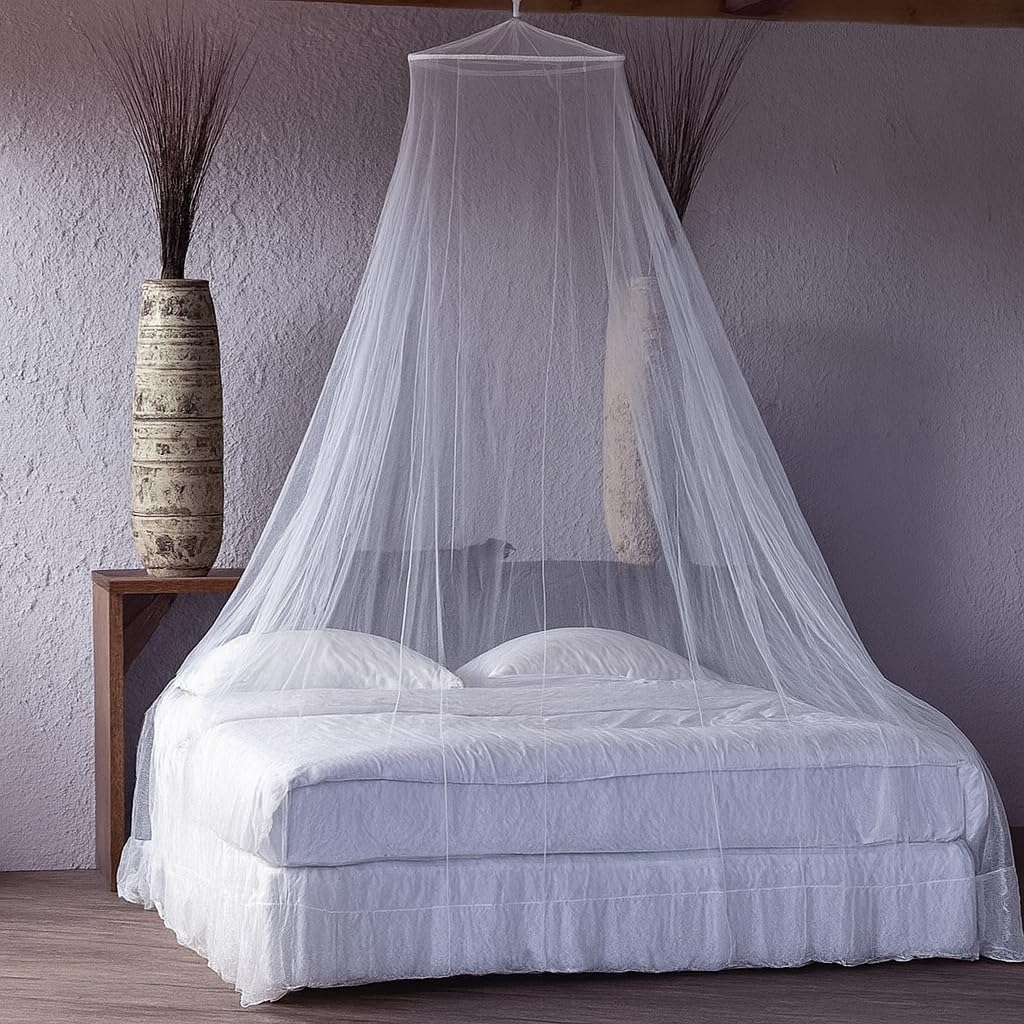 Polyester Hanging Round Mosquito Net for Double Bed & King Size Bed | Portable Canopy Machardani – White
