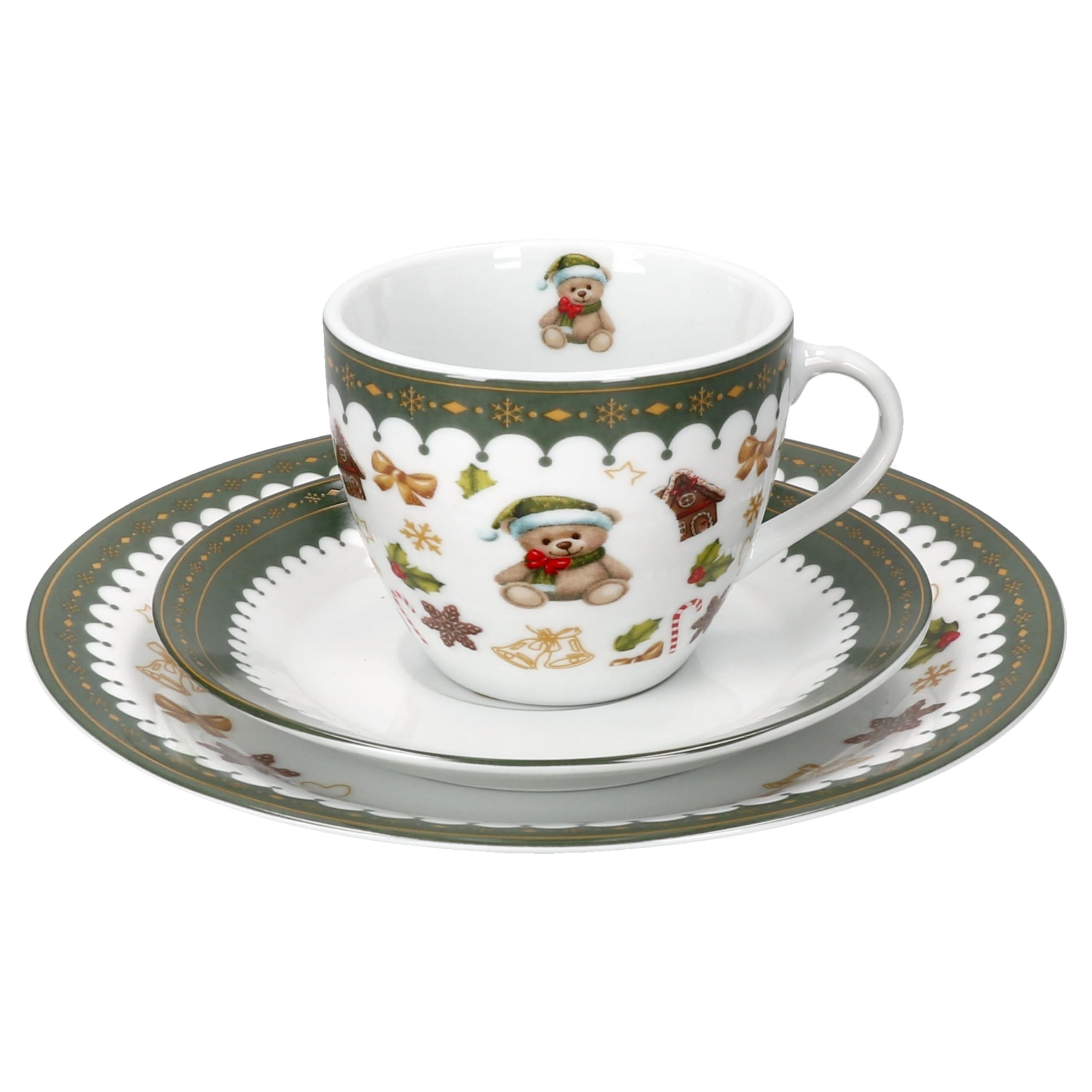 MamboCat Friend 18-tlg. Kaffeeservice für 6 Personen | Weihnachtliches Frühstücks-Set aus Porzellan mit Teddybär, Lebkuchenhaus & Co. | Tassen, Untertassen & Kuchenteller | für Weihnachten