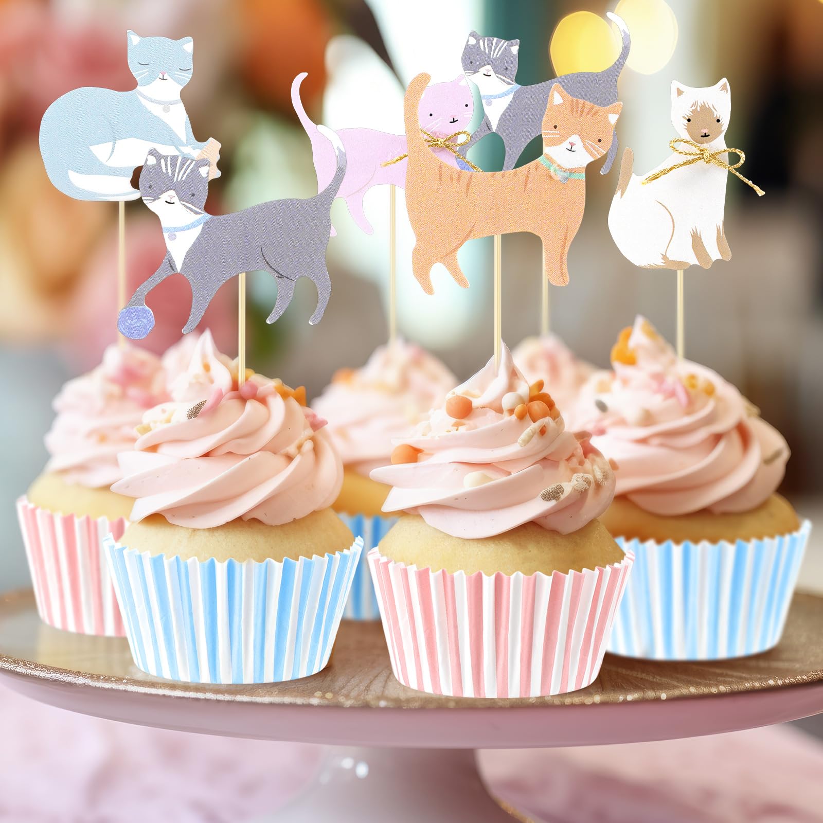 Vesici 48 Pcs Cute Kitten Cupcake Kit Include 24 Cat Cupcake Toppers and 24 Blue Pink Cake Liners Kitten Pet Themed Party Supplies for Birthday Pet