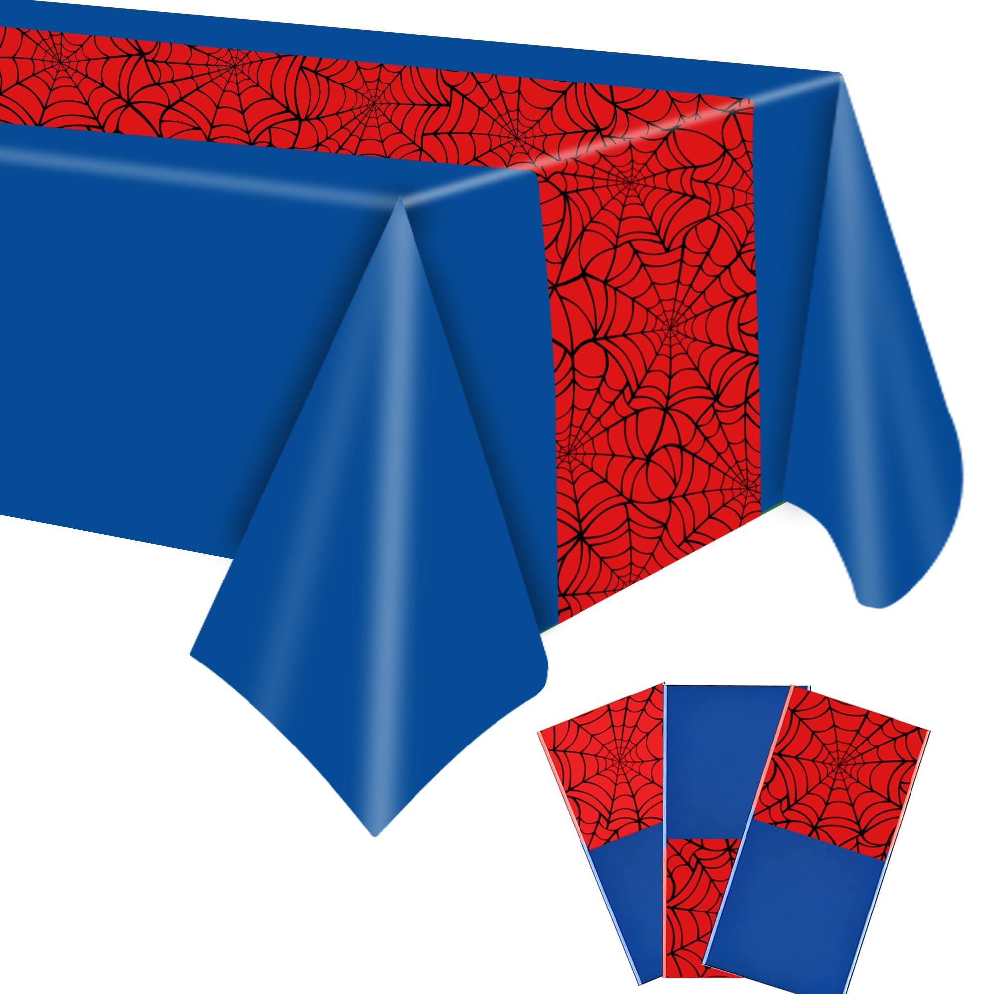 3PCS Spider Birthday Party Tablecloth Plastic Disposable Table Cover Large Rectangular Tablecloth for Spider Birthday Party Decorations 54x108 Inch (Blue&Red)