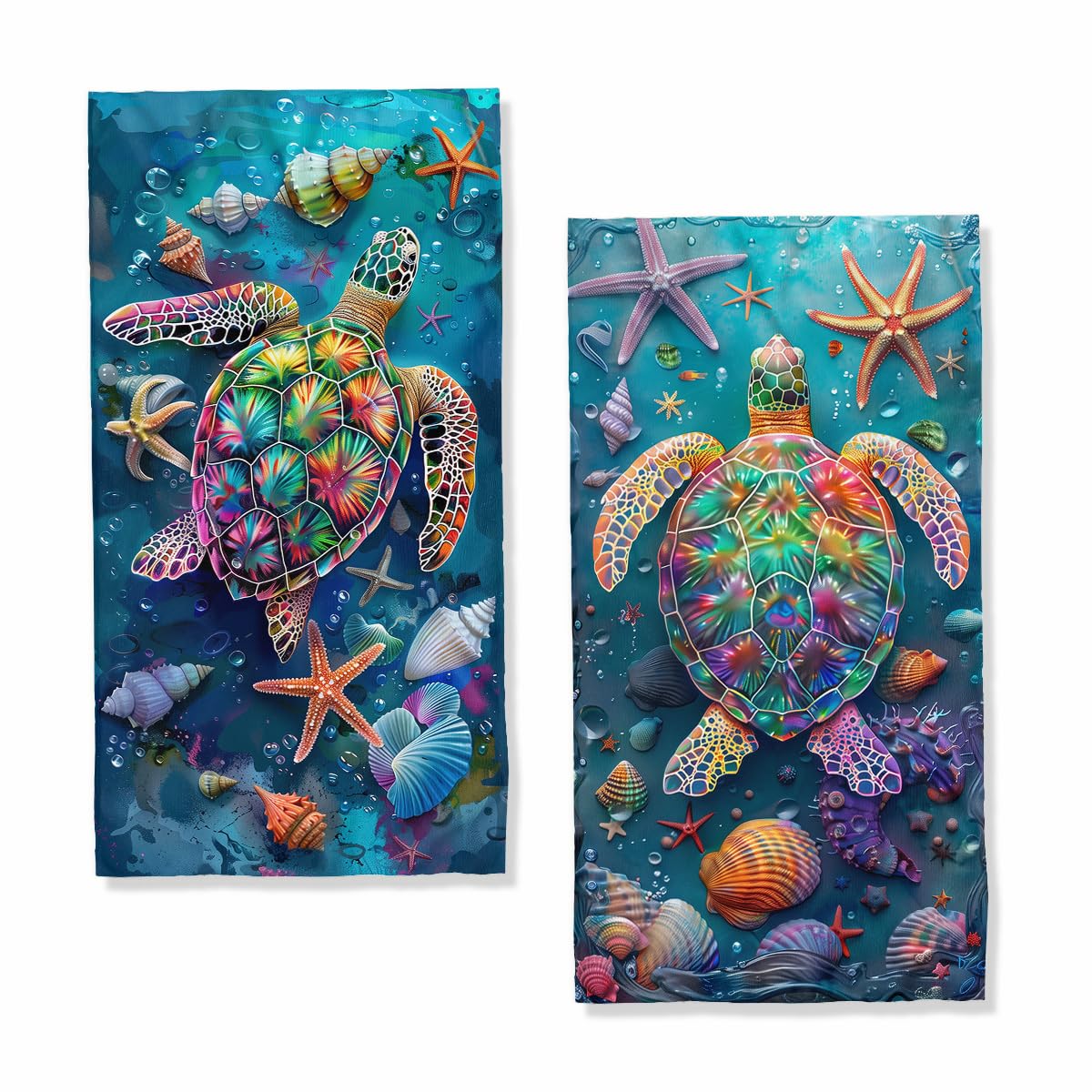 Sea Turtle Bath Hand Towels Set of 2 Absorbent Colorful Oil Painting Starfish Seashells Bathroom Kitchen Towels Set of 2 Face Towels for Bathroom Gym