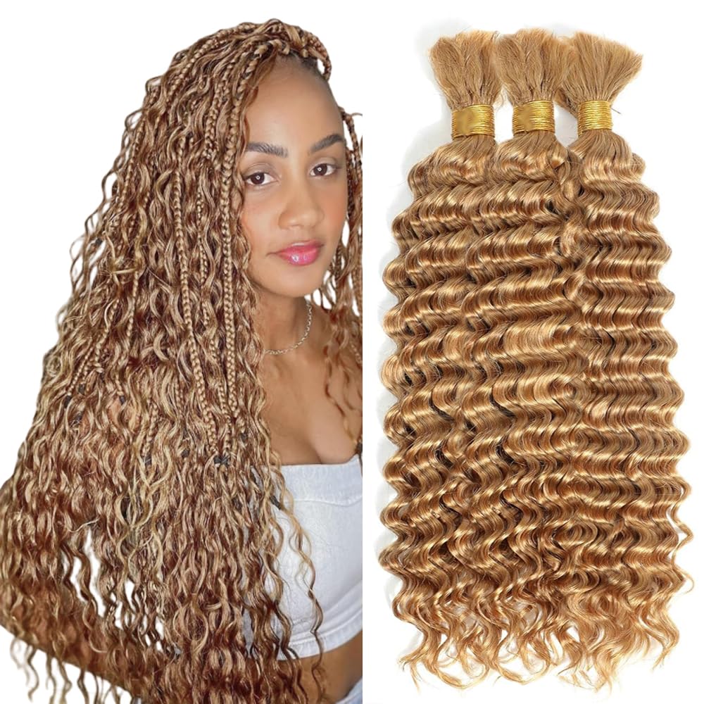 Photo 1 of #27 Blonde Human Braiding Hair for Boho Braids 28 28 28 Inch Honey Blonde Deep Wave Bulk Human Hair Knotless Boho Braiding Curly Hair Extensions 150g