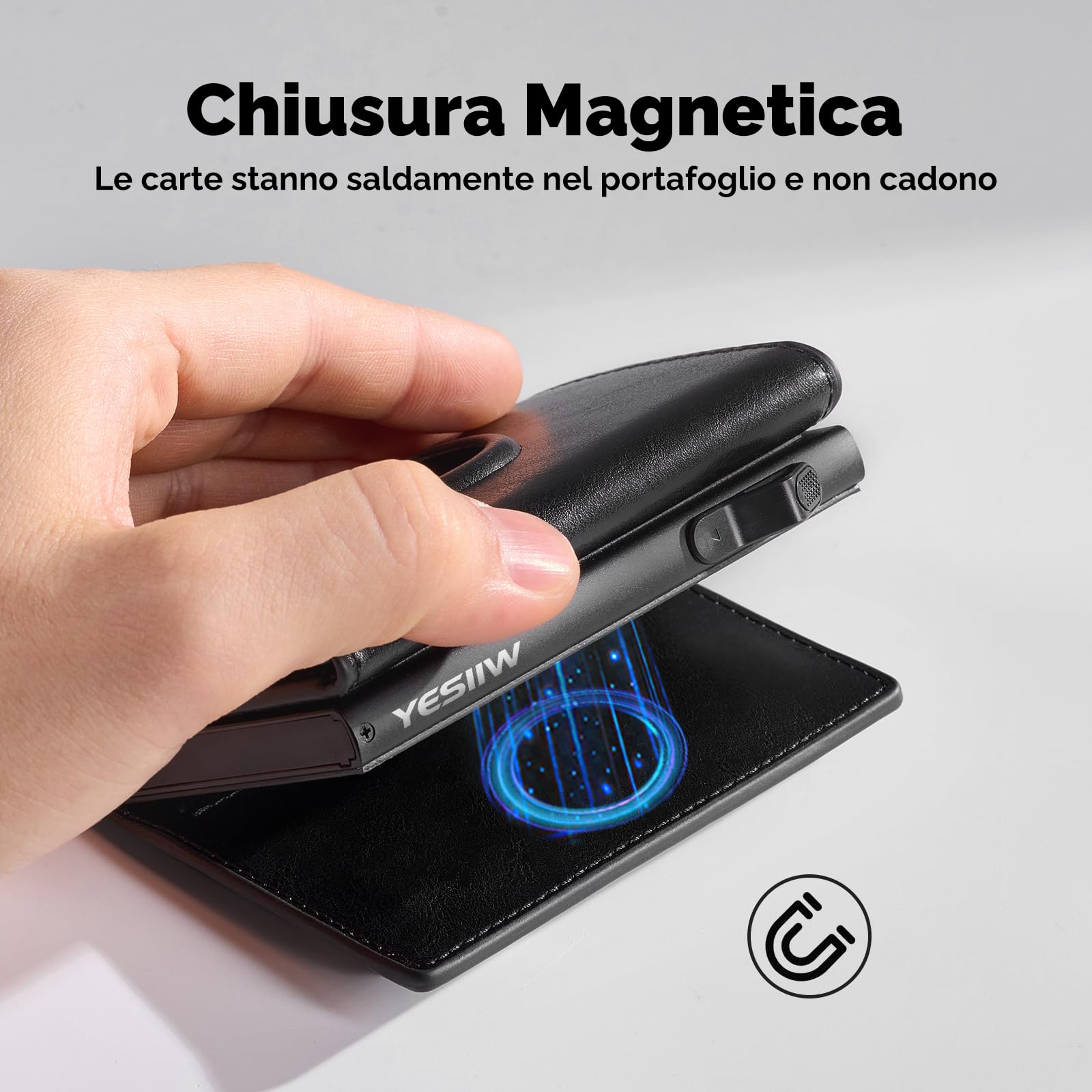 YESIIW Portafoglio Uomo Airtag, Super Compatto e Alta Capacità Pop up Portacarte Uoomo per 12 Cartes Porta Carte di Credito Uomo con S Portamonete, Blocco RFID & Chiusura Magnetica (Nero lucido)