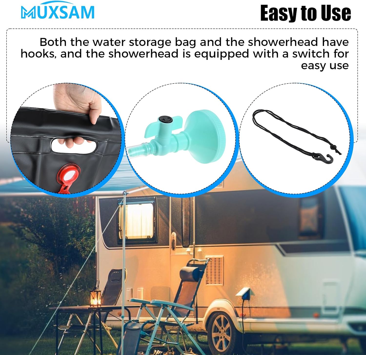 MUXSAM Solar Shower Bag for Camp, 5 Gallons/20L Portable Camping Shower Bag with Removable Hose and On-Off Switchable Shower Head for Camping Beach Swimming Outdoor Traveling