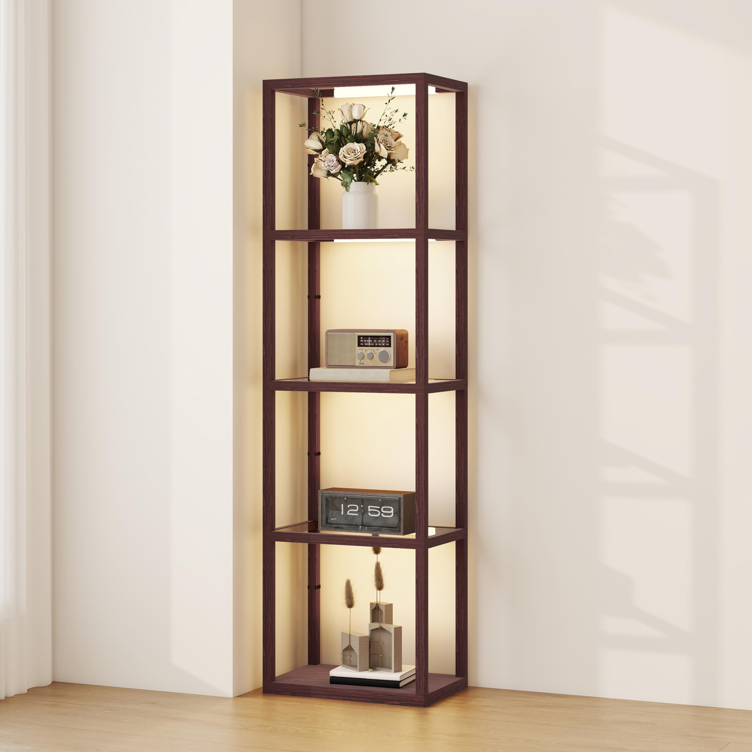 HOMCOM 4 Shelf Dimmable LED Floor Lamp - Brown Glass - Modern Ambient Lighting