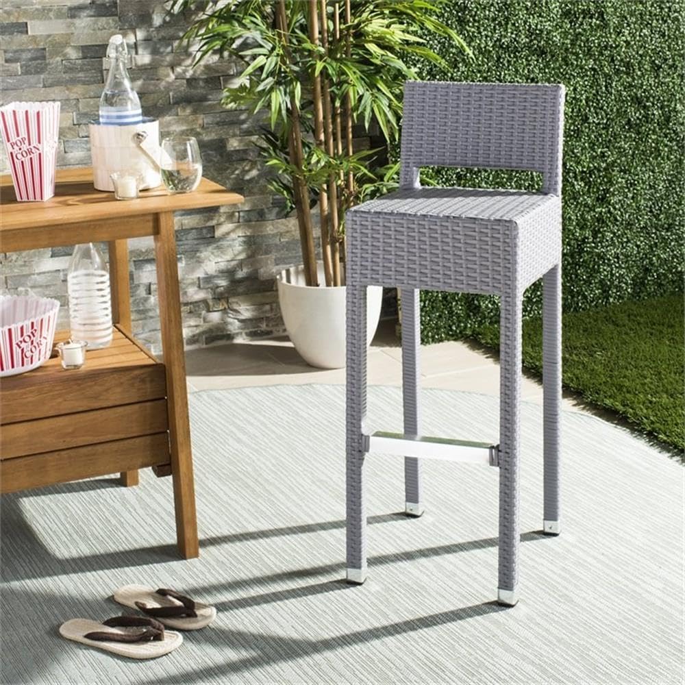 Pemberly Row 30" Rattan Wicker Indoor/Outdoor Bar Stool, Gray Finish, Powder-Coated Weather-Resistant Design, Modern Style Bar Height Seating for Kitchen Islands, Home Bars, or Patio Use