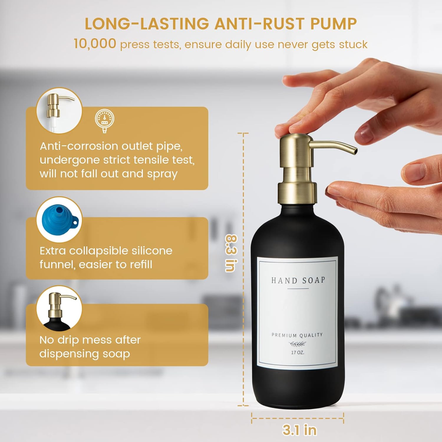 Glass Soap Dispenser for Kitchen, Farmhouse Dish Soap Dispenser&Hand Soap Dispenser Set,Rustproof Pump Lotion Dispenser Bathroom with Tray,Waterproof Label for Kitchen Decor(Black - Image 3