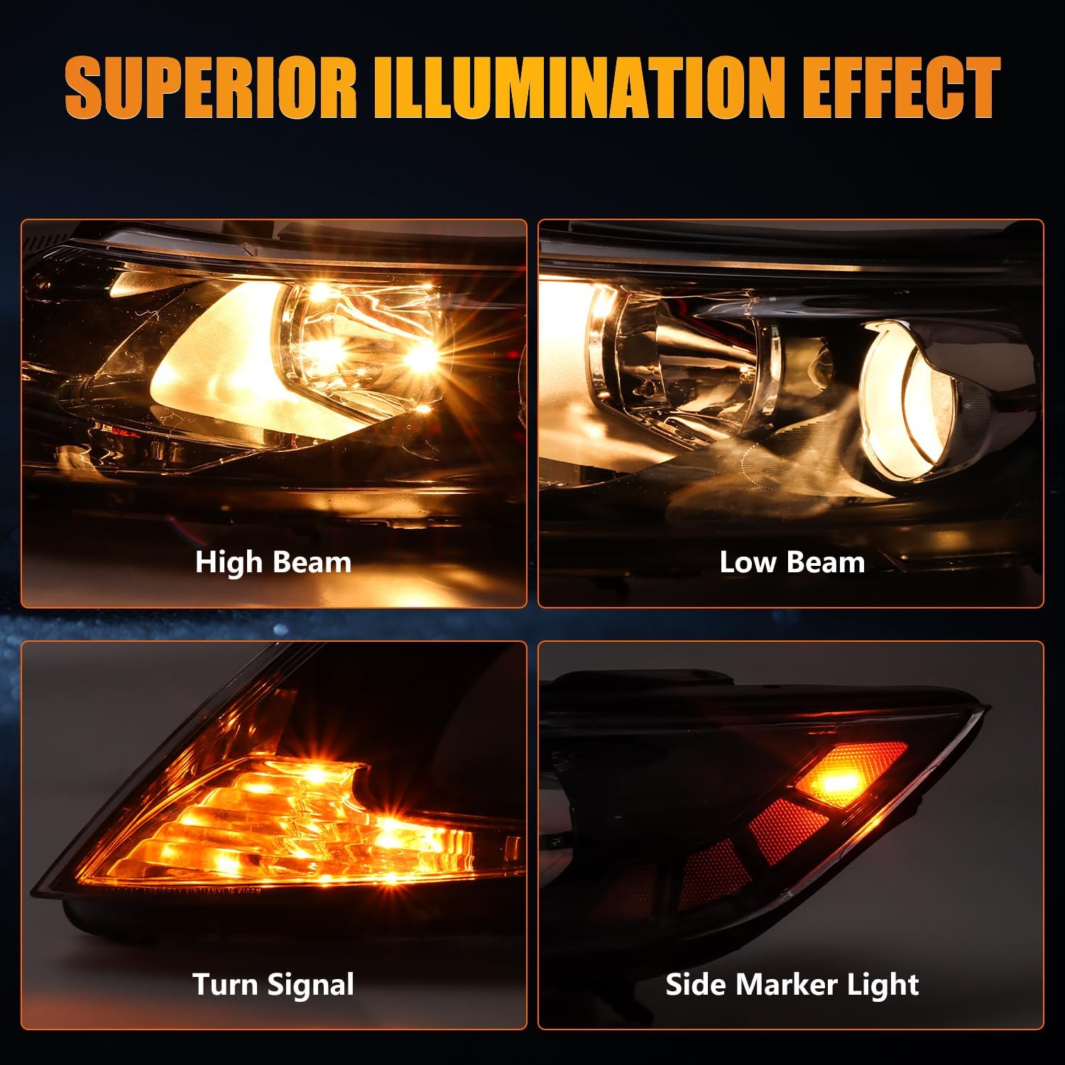 headlight assembly for ki-a optima 2011-2013, 11-13 driver & passenger side halogen headlamp assembly with bulbs clear lens black housing amber reflector, (all bulbs included) 1 pair