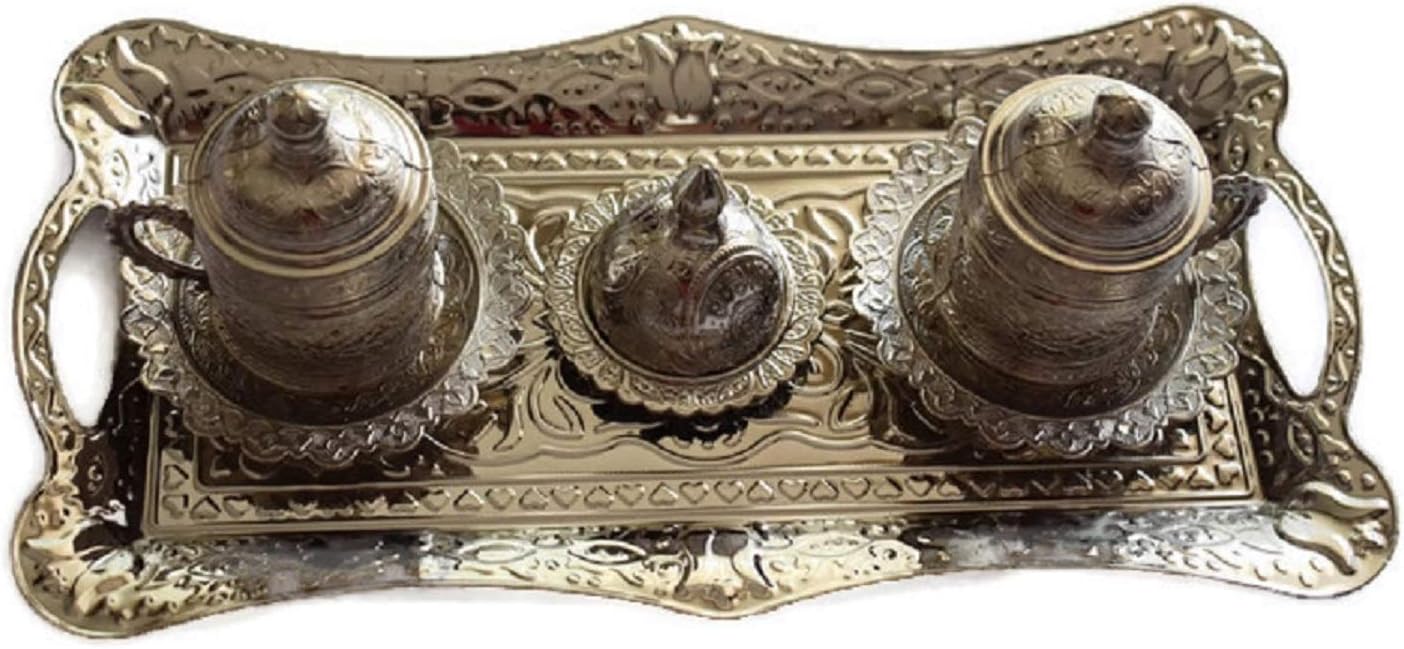 Turkish Coffee Espresso Cups Silver 11-piece Set for 2 with Saucers and Lids and Sugar Bowl Oriental