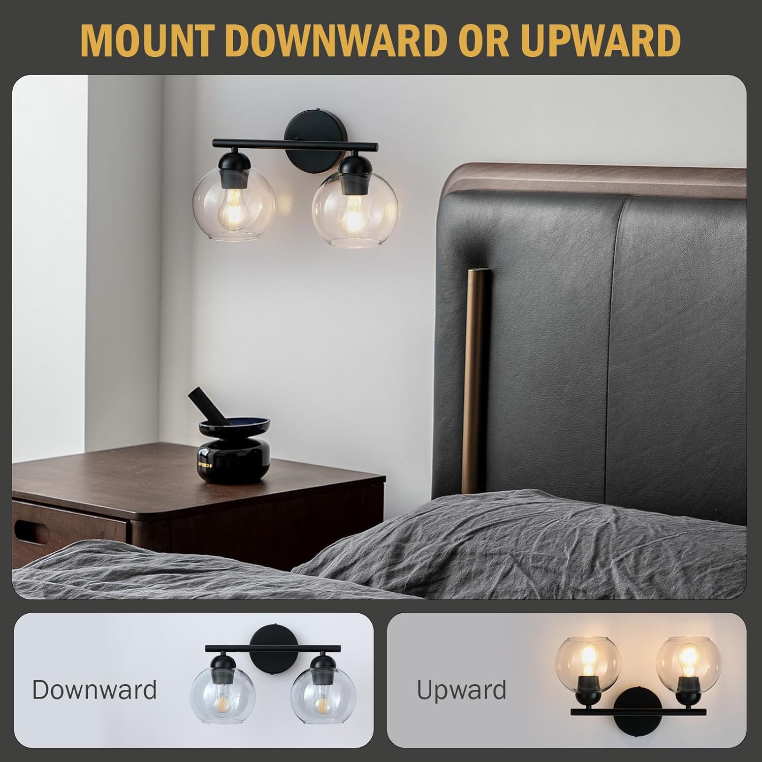 Black Bathroom Light Fixtures, 2 Light Bathroom Vanity Light with Globe Glass Shades, Modern Farmhouse Vanity Lights Over Mirror, Matte Black Wall Lights for Bedroom Restroom, E26 Socket