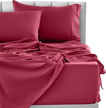LUX Decor Twin Sheet Set 4 Piece Ultra-Soft Microfiber Bed Sheets with Flat Sheet, 16 Inches Deep Pocket Fitted Sheet & Pillowcases, Cooling & Breathable Hotel Luxury, Oeko-TEX Burgundy