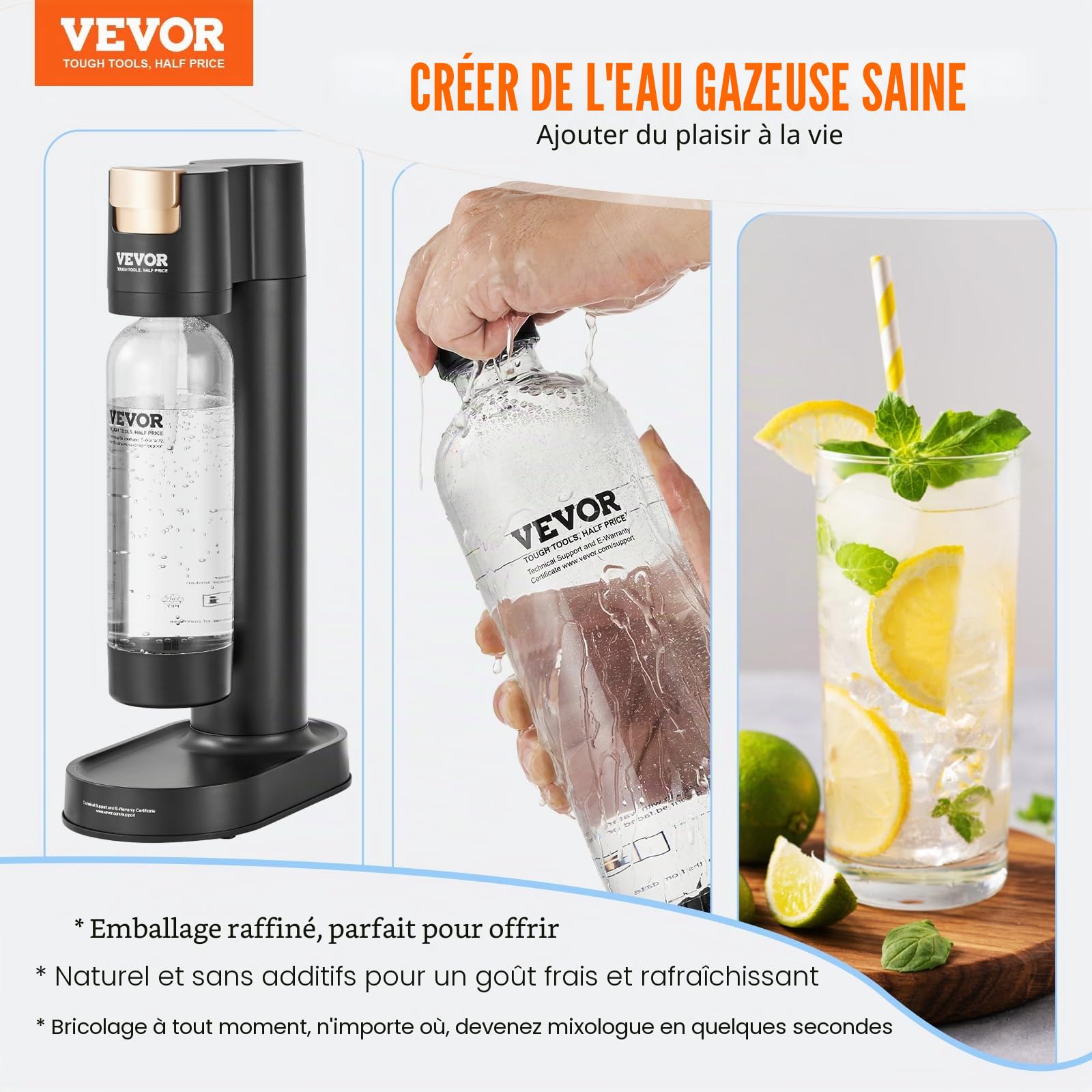 VEVOR Machine à eau gazeuse, machine à eau pétillante et soda pour gazéification domestique avec 2 bouteilles PET de 1 L sans BPA, compatible avec le cylindre de CO2 60 L à visser (non inclus), noir