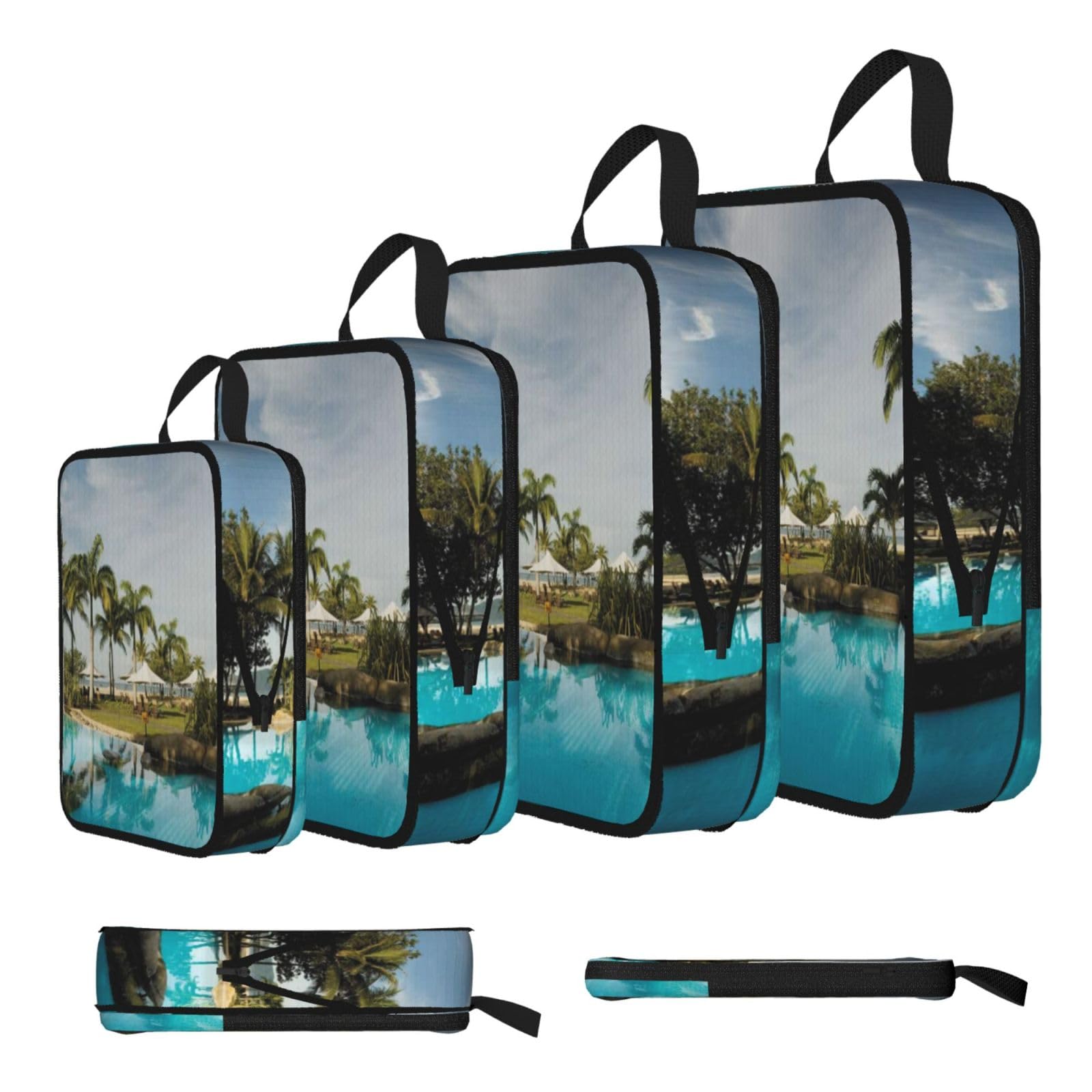 Tropical Coconut Trees Beach Print Compression Packing Cubes 4-Piece Set With Multi- Compartment Travel Bag, Waterproof Suitcase Organiser Bags