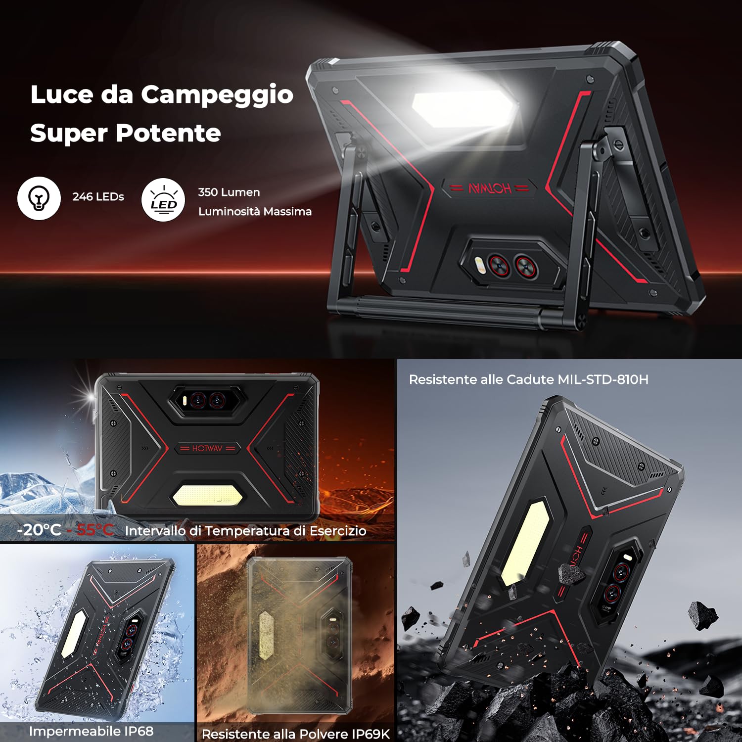 HOTWAV R9 Plus Rugged Tablet 2K 11 Pollici Android 14 Robusto Tablet PC | 20080mAh Tablet 24GB+512GB/2TB TF Tablets Impermeabile, 64MP+16MP Gemini AI IP68 69K Dual SIM 4G/5G WiFi/Face ID/GPS/OTG