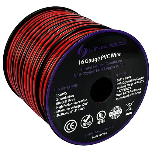 LINKSQ Cable eléctrico 2468 VW-1 FT1 (100 pies) calibre 16 2 conductores, cable de cobre estañado trenzado sin oxígeno de 2 cables, 16 AWG 2 cables,