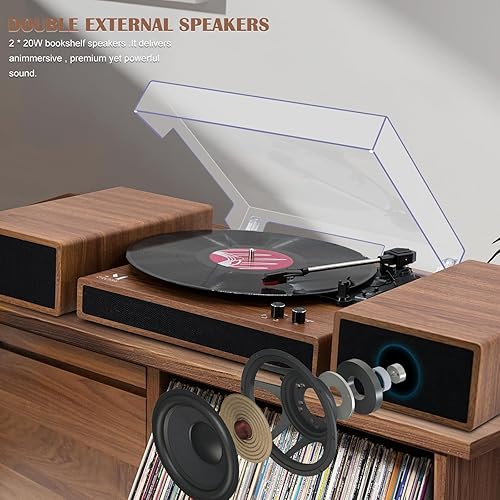 Miniatura 7 de MPK - Tocadiscos Bluetooth, sistema de alta fidelidad con altavoces de estantería, tocadiscos de vinilo de 3 velocidades con transmisión por correa