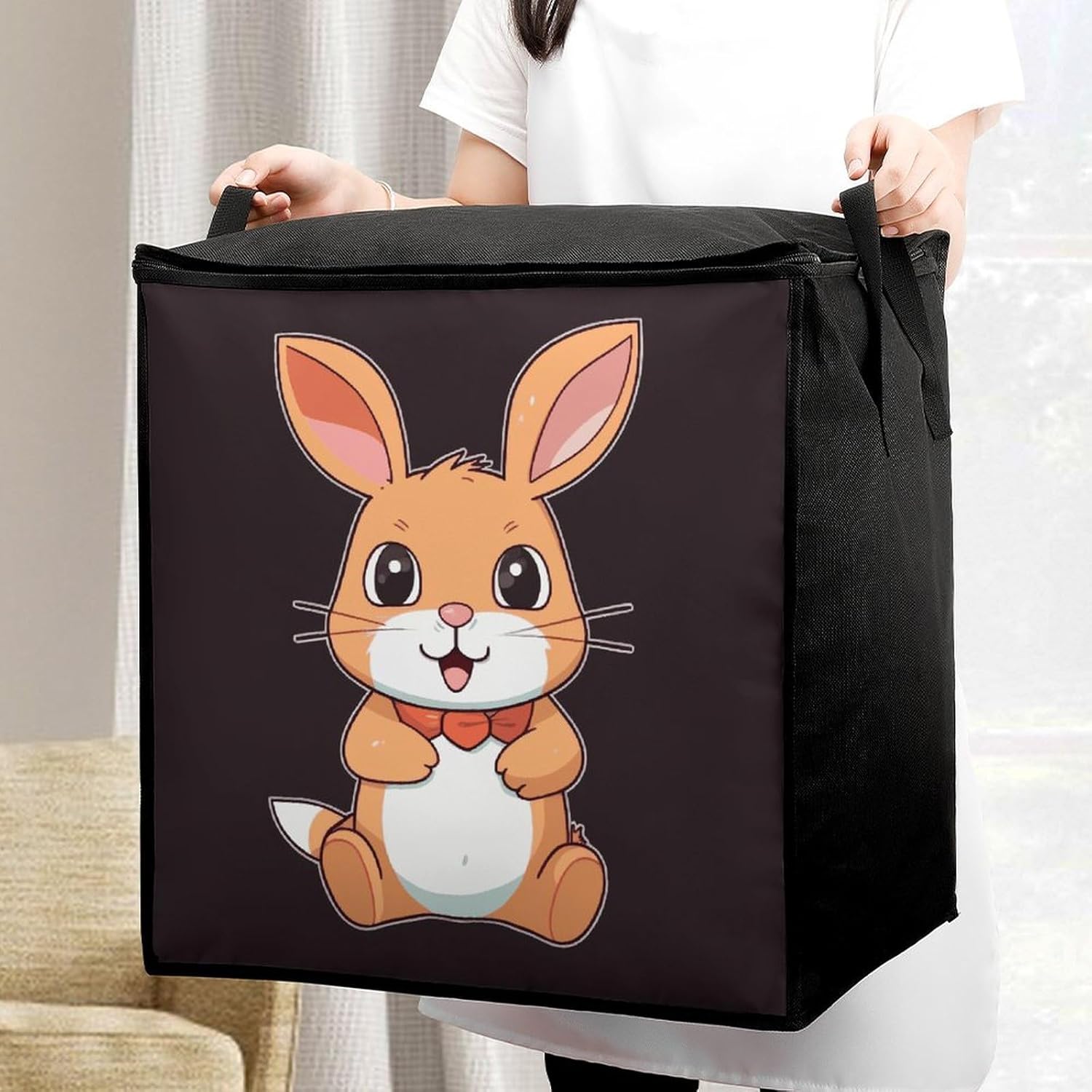 Portable Quilt Storage Bag,Cute Cartoon Rabbit Printed Foldable Wardrobe Storage Box Foldable Storage Bag with Lids And Handle Large Clothing Storage Bag for Comforters Clothes Blankets Pillows