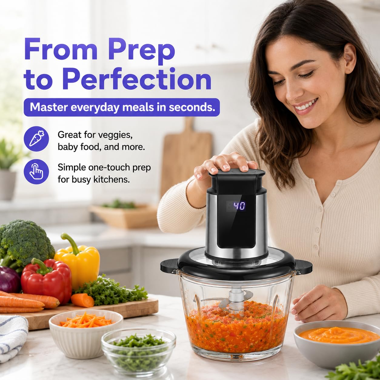 Picadora de alimentos eléctrica de 1000W con picadora de carne, 6 temporizadores LED preestablecidos inteligentes, Ideal como procesador de alimentos picadora de verduras