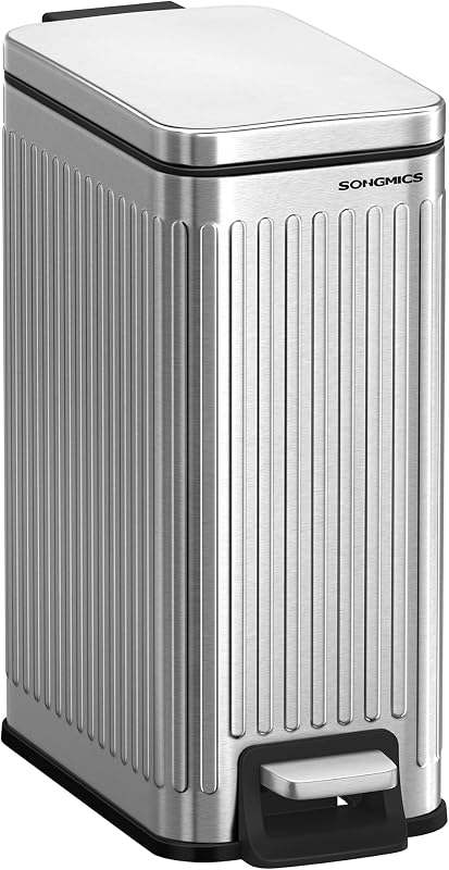 Bote de basura para baño, Bote de basura con tapa de 1,6 galones (6 L), delgado para espacios pequeños, Bote de basura de acero inoxidable, cierre suave, plateado ULTB563E01 | Papelera Slim para Espacios Pequeños, Cierre Suave, Plata, Colección PATIA ULTB563E01