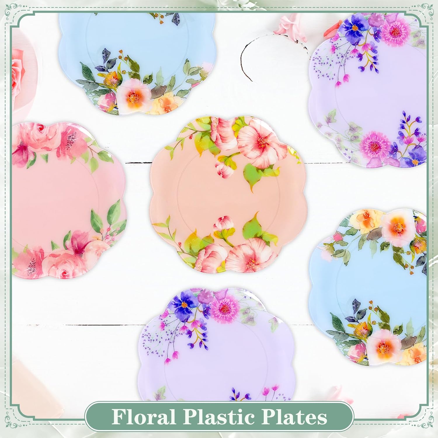 60Pcs Floral Plastic Plates - 7.5inch Dessert Plate Disposable - Heavy Duty Tea Party Plates - Premium Flower Plate Decorations for Birthday Baby Shower Wedding Party Supplies - Image 3