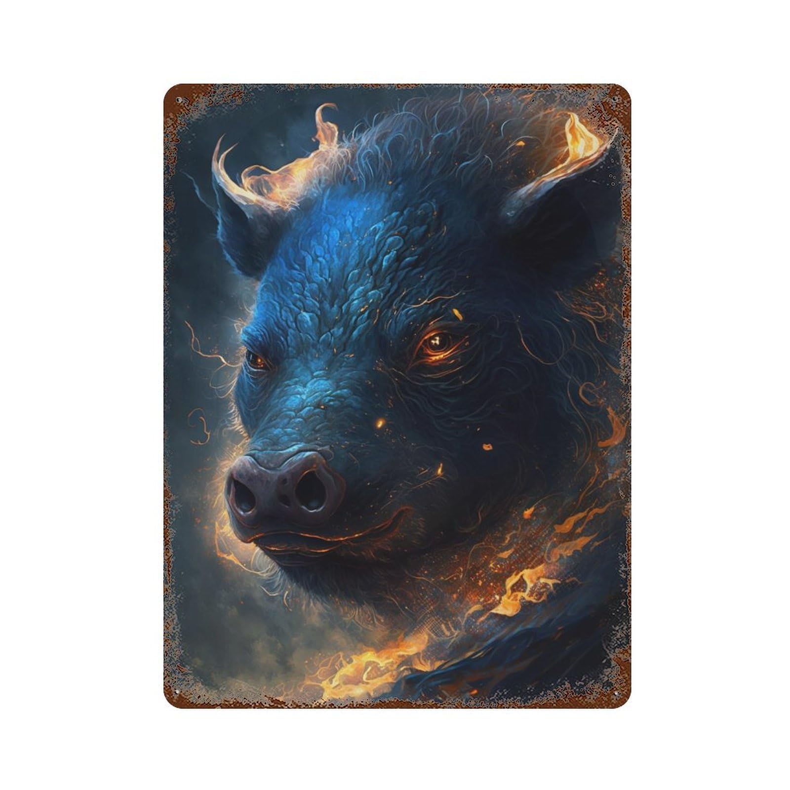 Flaming Wild Boar Art Print 15.7"x11.8" Vintage Rust Metal Sign, Novelty Wall Decor for Living Room, Hallway And Home Decor