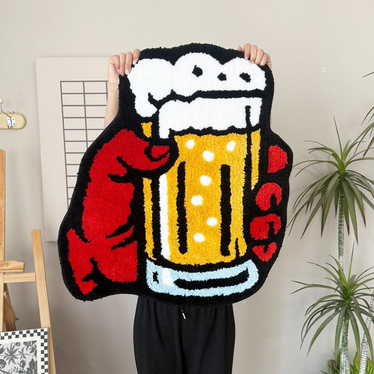 LAKEA Irregular Shaped Tufted Rug, Cartoon Hand Holding Beer Mug Design Decorative Area Rug, Soft Non Slip Accent Floor Mat for Bedroom Living Room Gaming Room Street Style Decor