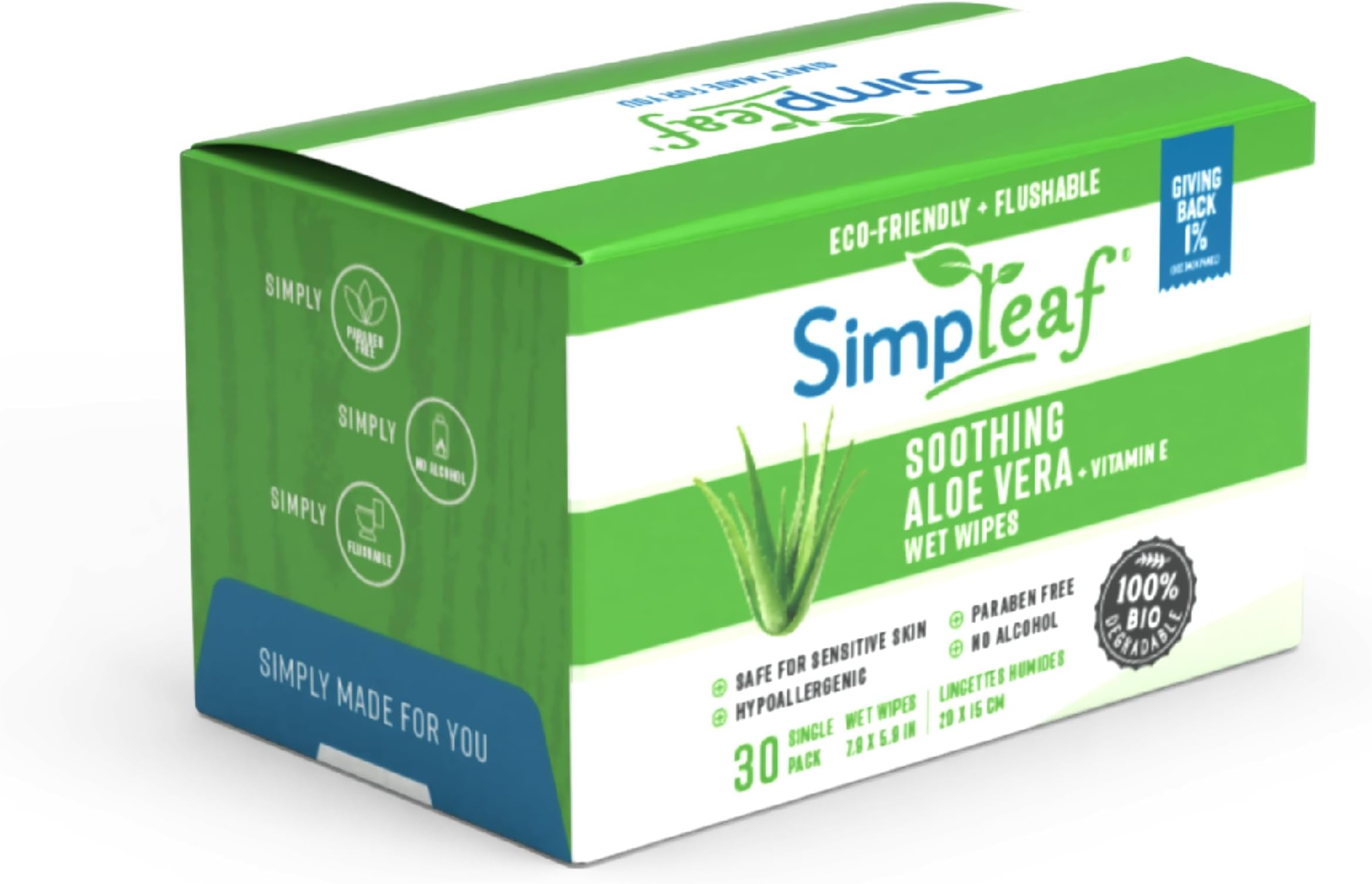 Simpleaf Flushable Aloe Vera Single Pack Wet Wipes|Eco-Friendly Paraben & Alcohol Free | Hypoallergenic & Safe for Sensitive Skin | Soothing Aloe Vera Formula | (30 Single Pack Wipes)